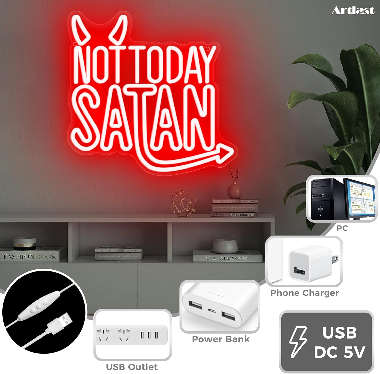 Not Today Satan Neon Sign Red LED Light Devilish Wall Decor Funny Gift for Bedroom Game Room Party Dorm Gothic College Satan Sigil Halloween Neon Signs