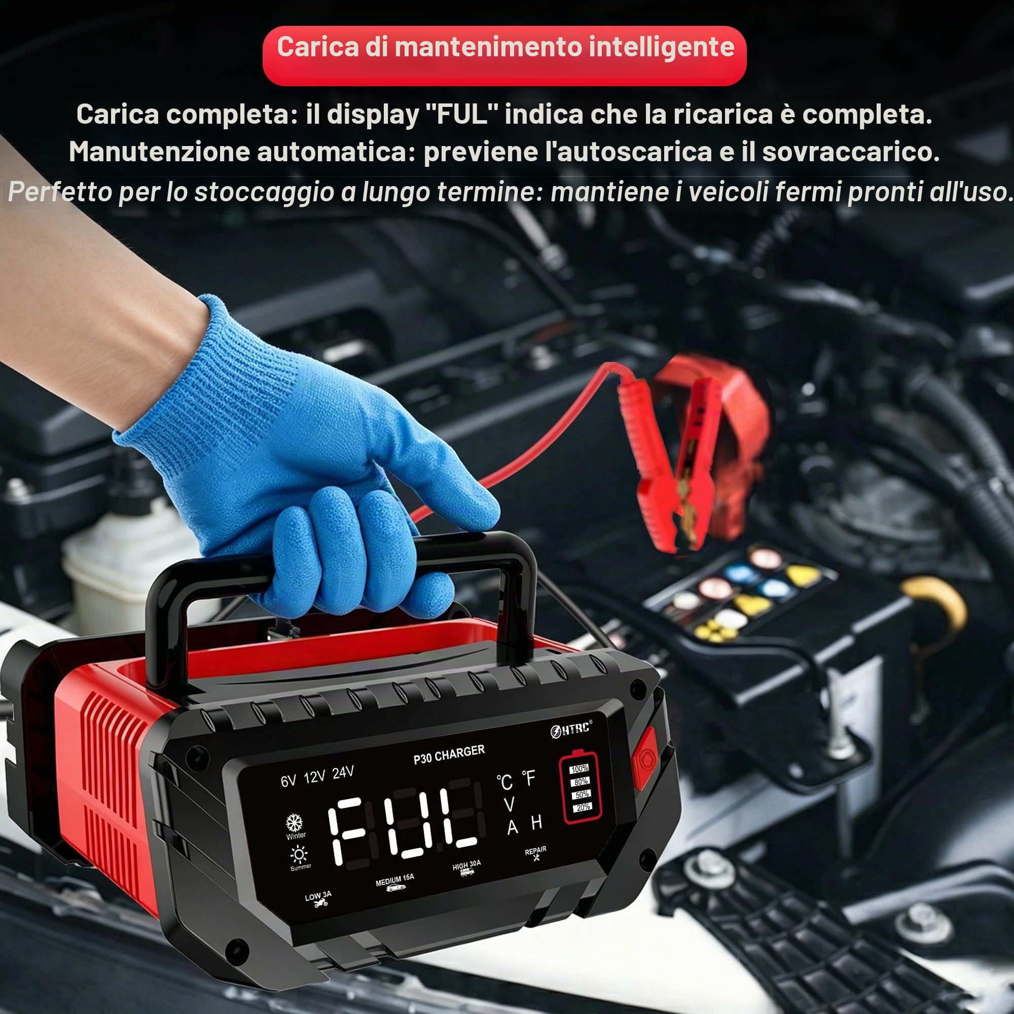HTRC 6V/12V/24V 30A Carica Batterie per Auto – per LiFePO4 e Piombo Acido | Caricabatteria Intelligente per Auto, Moto e Camper. Mantenitore, Compensazione Temperatura, LiFePO4, AGM, EFB e Piombo Acido