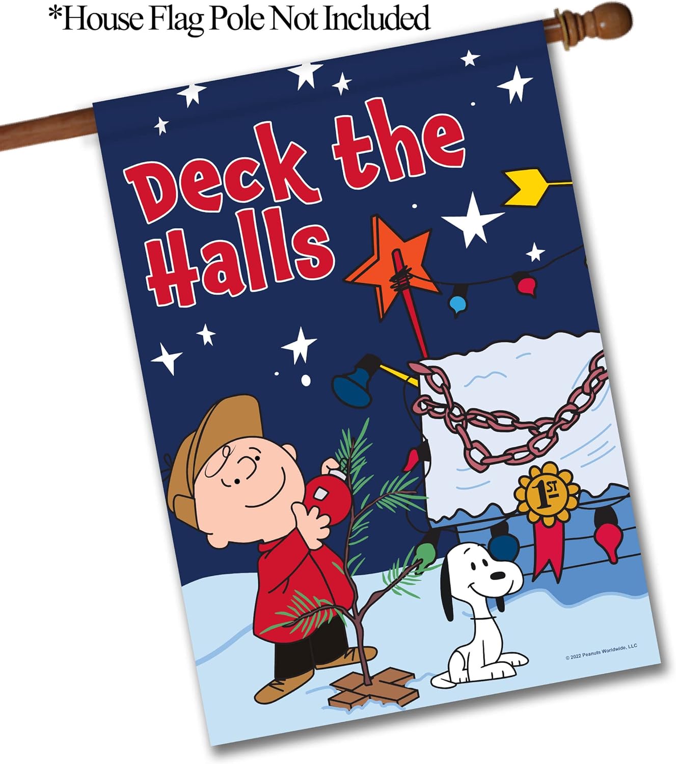 Flagology.com, PEANUTS®, PEANUTS® Deck the Halls Charlie Brown and Snoopy – House Flag 28" x 40", Outdoor Flag, Exclusive Premium Fabric, Officially Licensed PEANUTS®, Christmas