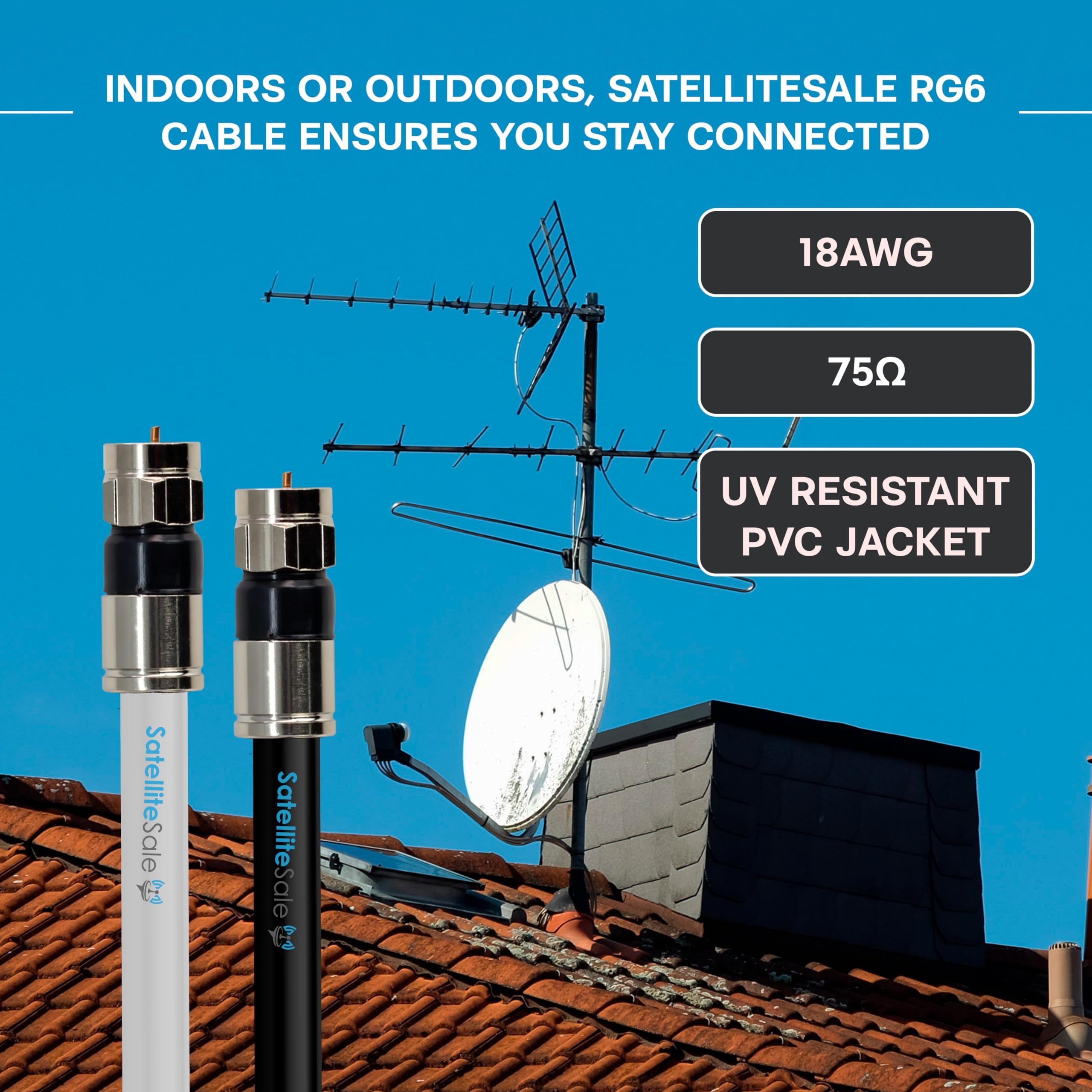 SatelliteSale Digitales 75 Ohm RG-6/U Koaxialkabel mit F-Stecker, für Innen- und Außenbereich, universelles Kabel, Weiß, 61 m