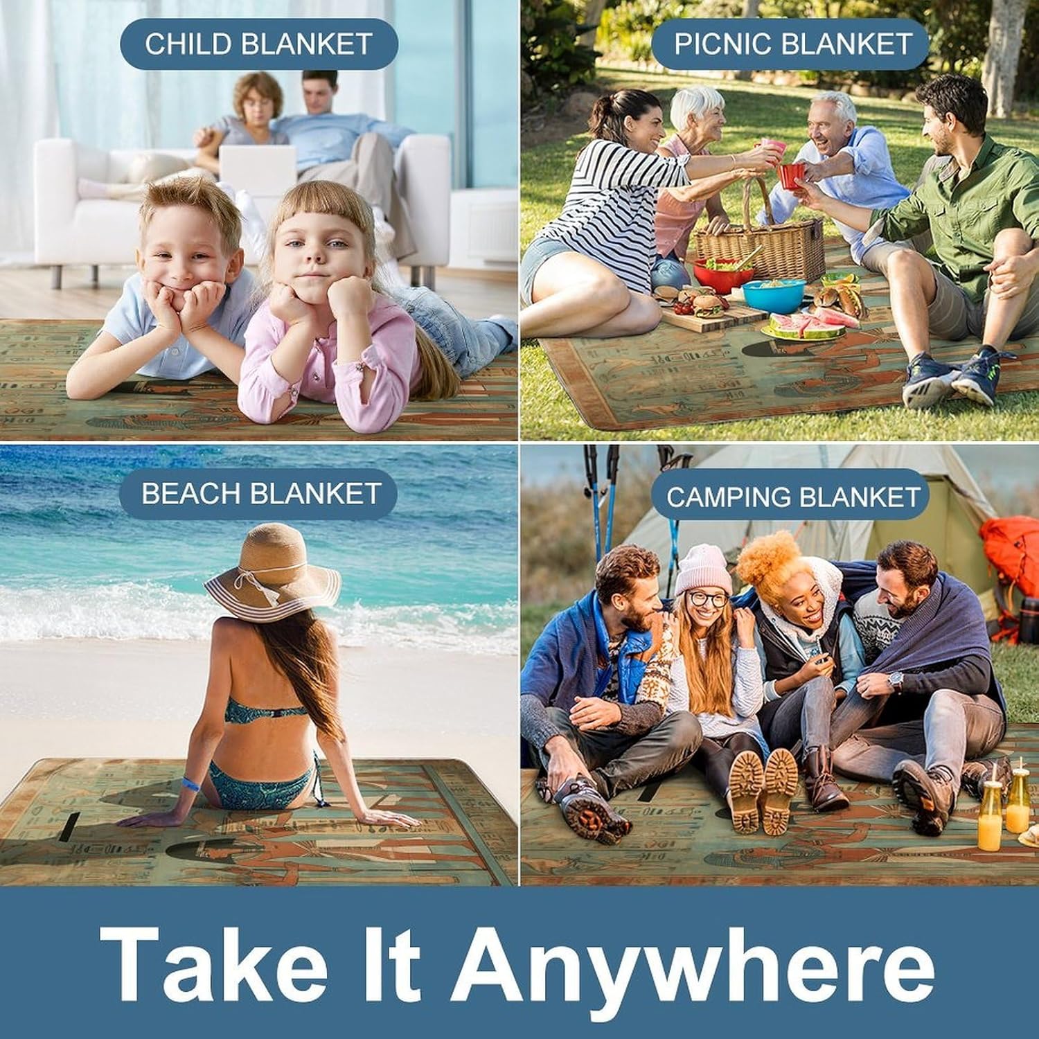 Women in Ancient Egypt Beach Blanket Thickened Foldable Camping Mats Soft Lightweight Beach Pad Square Picnic Blankets with Shoulder Strap for Park Grass Patio Hiking