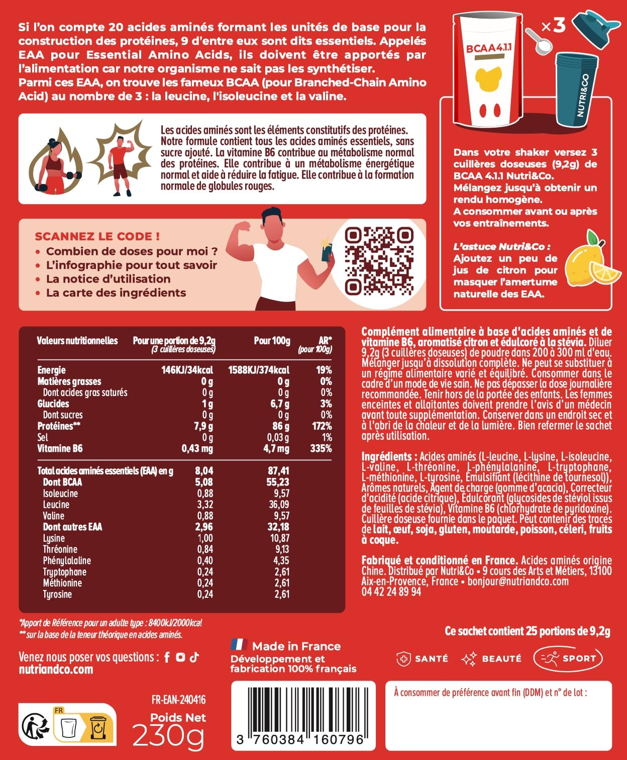 NUTRI & CO BCAA en Poudre 4.1.1 enrichi en EAA - Acides Aminés Prise de Masse & Récupération Musculaire - Leucine, Isoleucine, Valine - Vitamine B6-230g Saveur Citron - 25 portions Vegan