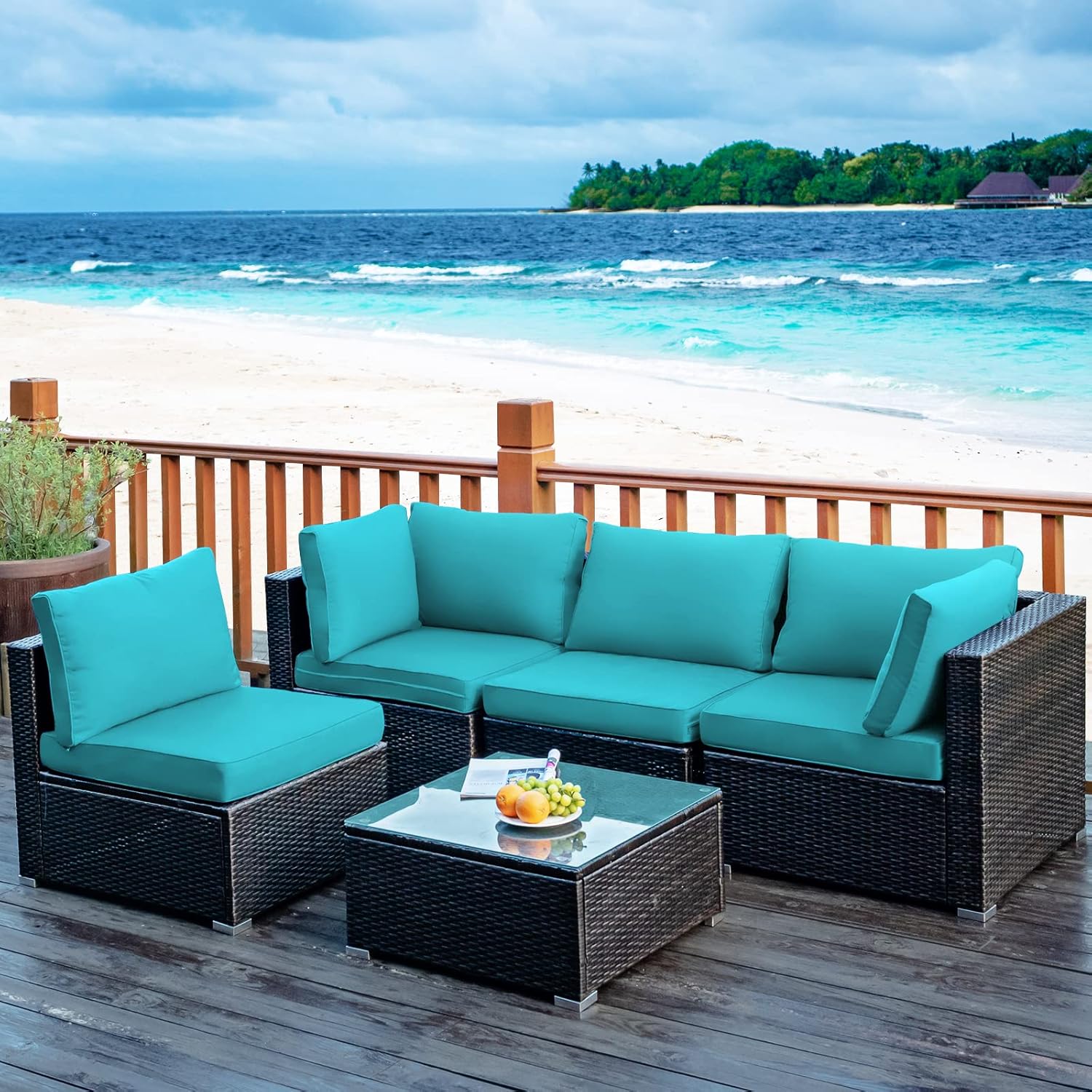 Tangkula 5 Pieces Patio Furniture Set, All Weather Wicker L-Shaped Corner Sofa Set w/Soft Cushions, Outdoor Sectional Conversation Couch Set w/Glass Table for Backyard Garden Poolside (Turquoise)