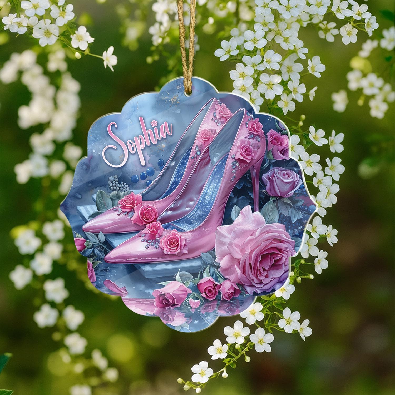 Floral High Heels Inspired 2D Acrylic Ornament, Customized Name Rose Flowers Themed Tree Tag, Personalized Shaped Botanical Ornament, Stunning High Heels Themed Decoration, Gifts for Women