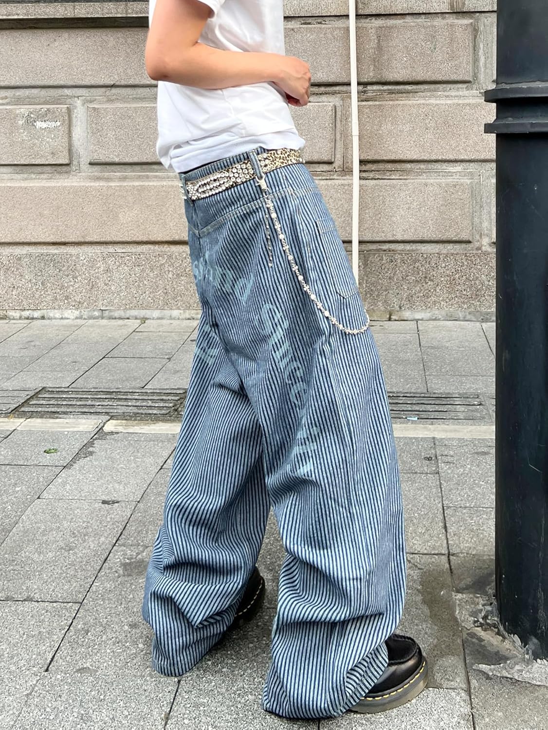 Mens Baggy Jeans Hip Hop Y2k Stylish Striped Wide Leg Print Jeans Casual Skater Loose Fit Denim Pants - Image 3