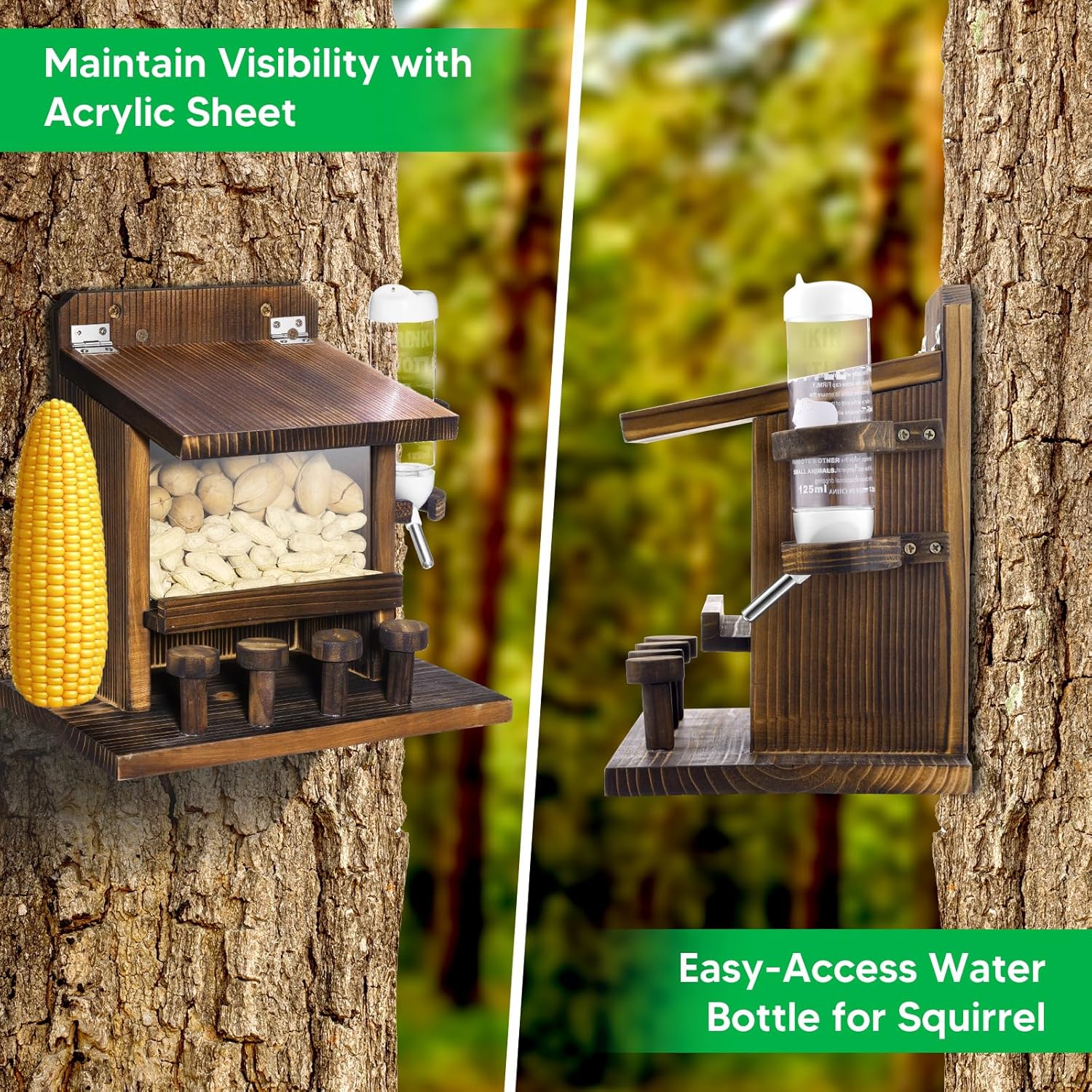 Thick Wooden Squirrel Feeders for Outdoors - Durable Squirrel Picnic Table with Clear Acrylic Baffle, Water Dispenser & Corn Holders, Easy Mount Tree Feeder