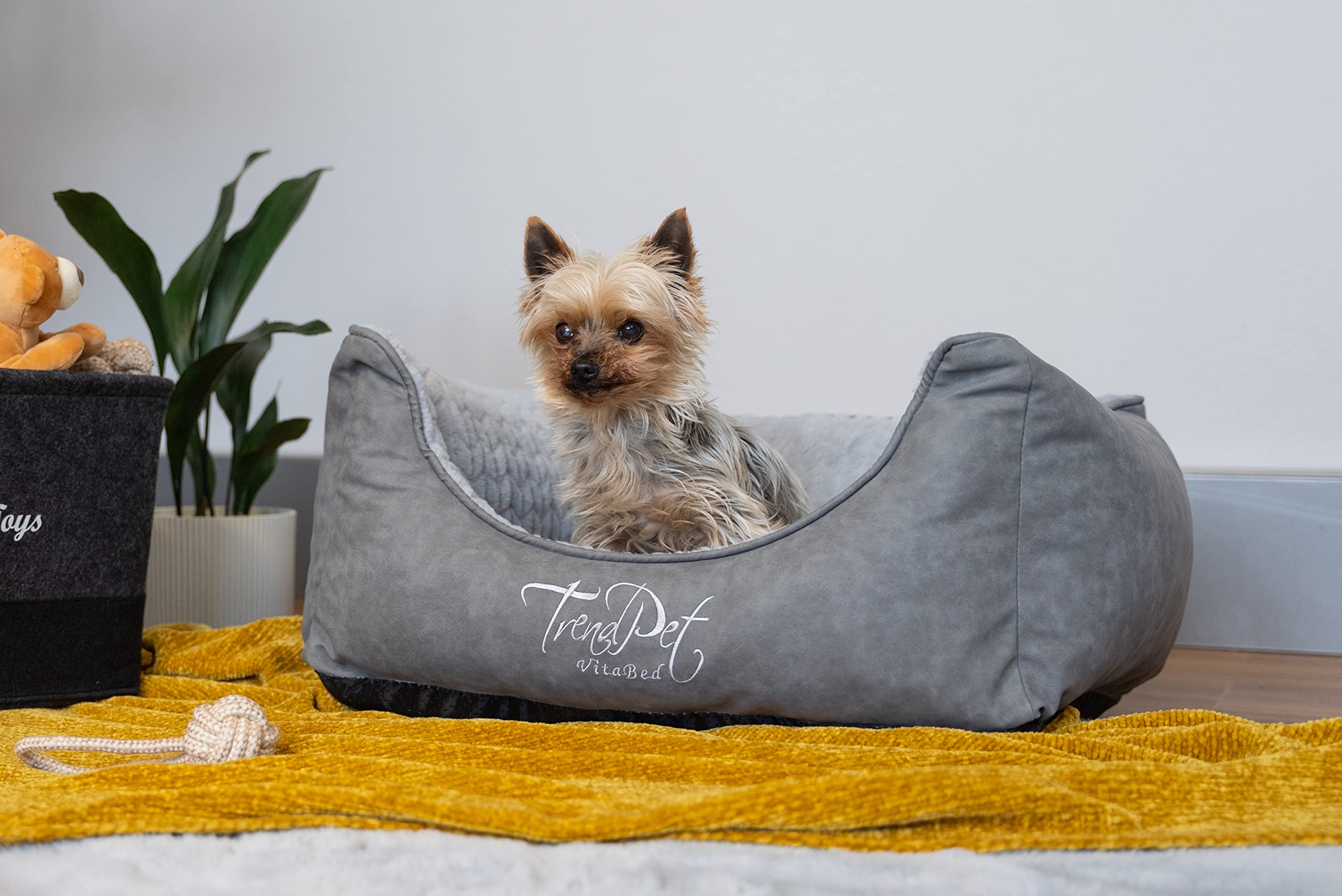 TrendPet VitaBed Style - Orthopädisches Hundebett, außen Kunstleder innen flauschig (100x90cm, Grau)