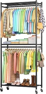 Sakugi Black Metal Clothing Rack 33x12x79" with Shelves, Wheels & Hooks - Sturdy Portable Wardrobe Closet for Bedroom, Laundry Room
