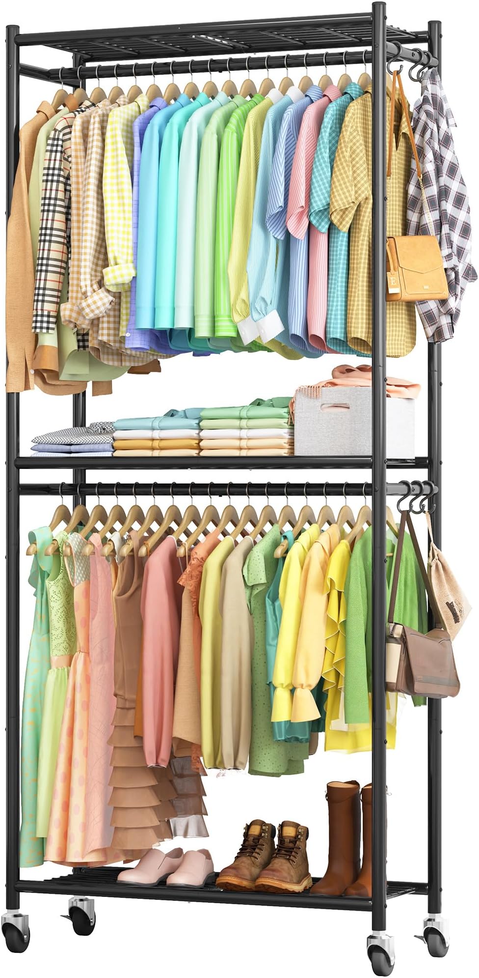 Sakugi Heavy-Duty Clothes Rack - 33.0" x 12.2" x 79.5" Clothing Rack with Shelves & Wheels, Multi-Functional Wardrobe Closet with Hooks, Sturdy Metal Garment Rack for Bedroom, Laundry, Balcony (Black)