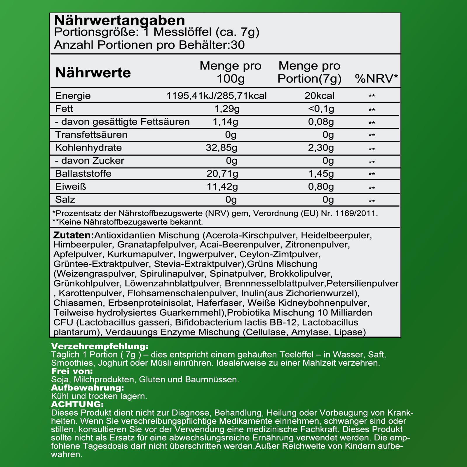 Grüne Entgiftungspulver 210g, Superfood Pulver zum Abnehmen, Helfer Greens Pflanzenpulver mit Matcha, Gerstengras, Spirulina & Heidelbeeren, Vegan