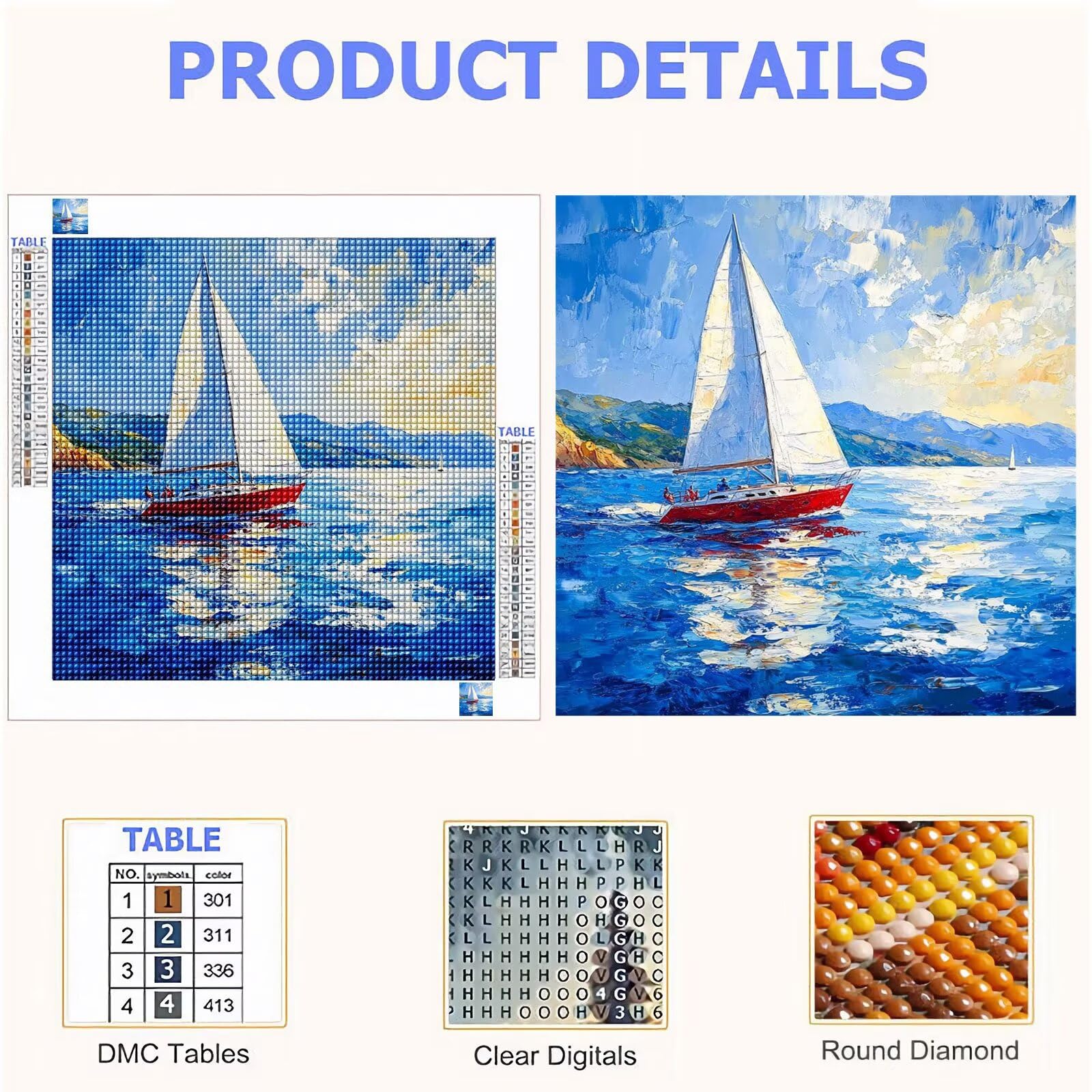 Broderie Diamant Kit Complet 5D, Mer Diamond Painting Adulte Plein Foret, Peinture Diamant pour Adulte Enfant Débutant, Loisirs Créatifs de Détente et Décoration Maison, Bateau 100x100cm FX#479