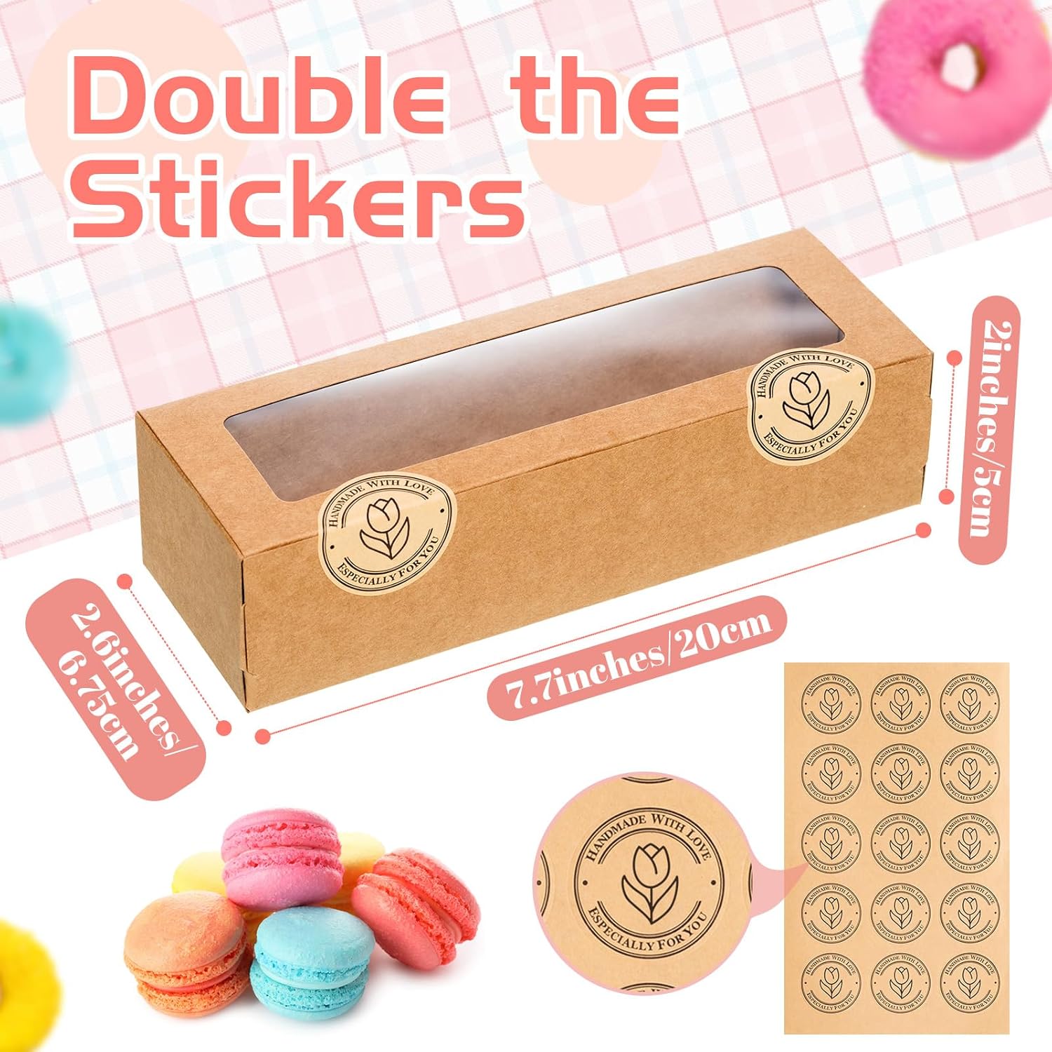 Sherr 150 Pcs Macaron Boxes with Window, Brown Bakery Boxes with Stickers, Cookie & Dessert Gifts Containers for Chocolate Covered Strawberry, Truffle, Donuts, Pastry