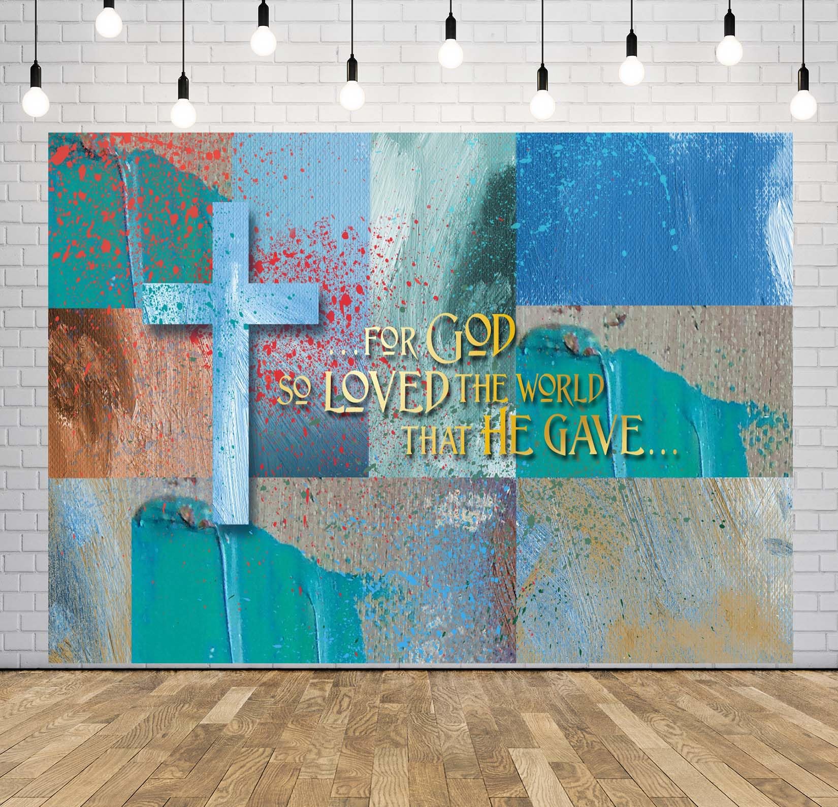 BELECO 3.6x3m Sfondo in tessuto Croce cristiana | Croce versetto biblico Giovanni 3 16 schizzi sangue sfondo tema pasqua decorazione festa accessori studio foto
