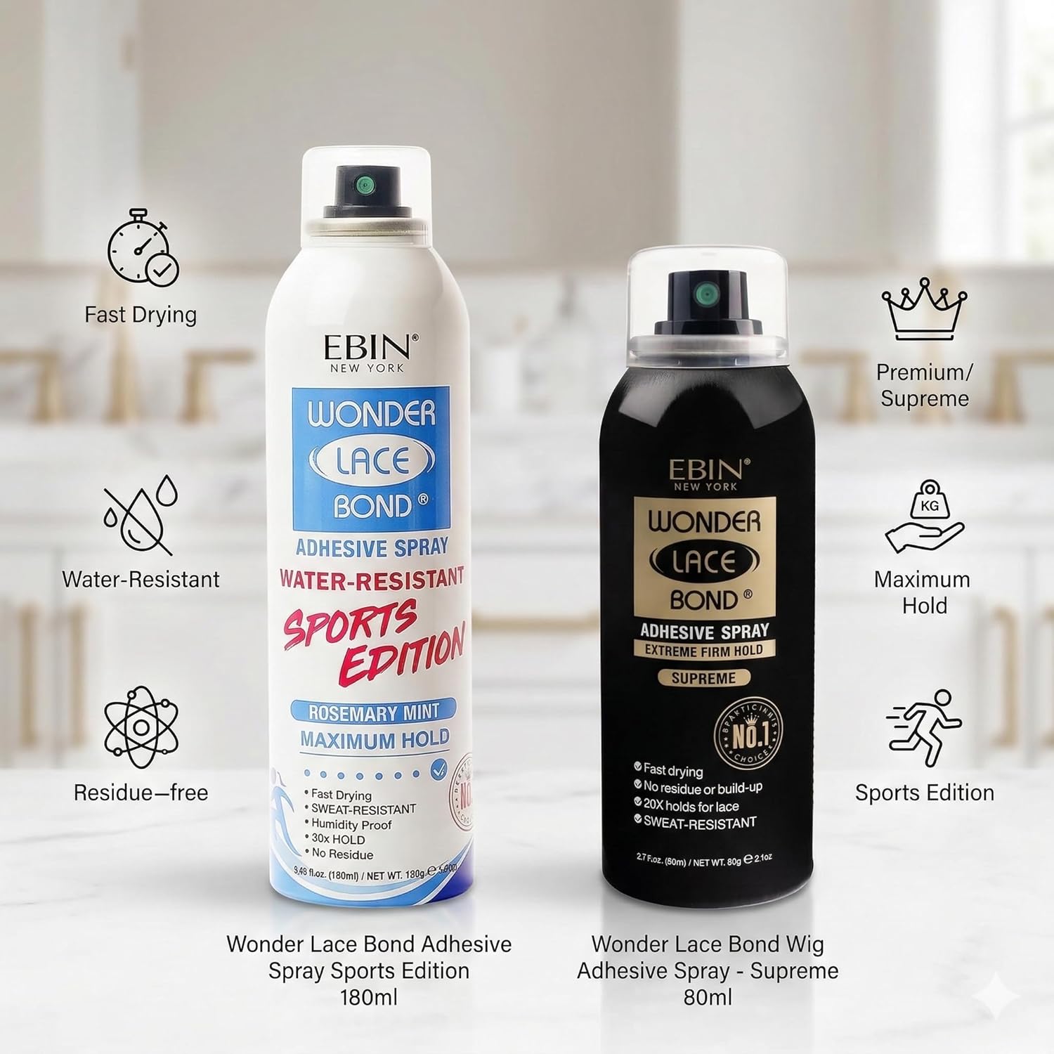 Wig Lace Glue EBIN – 4X Wonder Lace Bond Adhesive Spray Sports Edition 6.08 oz Bundle by EBIN NEW YORK – Strong Hold, Water-Resistant, Rosemary Mint Infused for Active Lifestyles – Gift Set (4 Items)