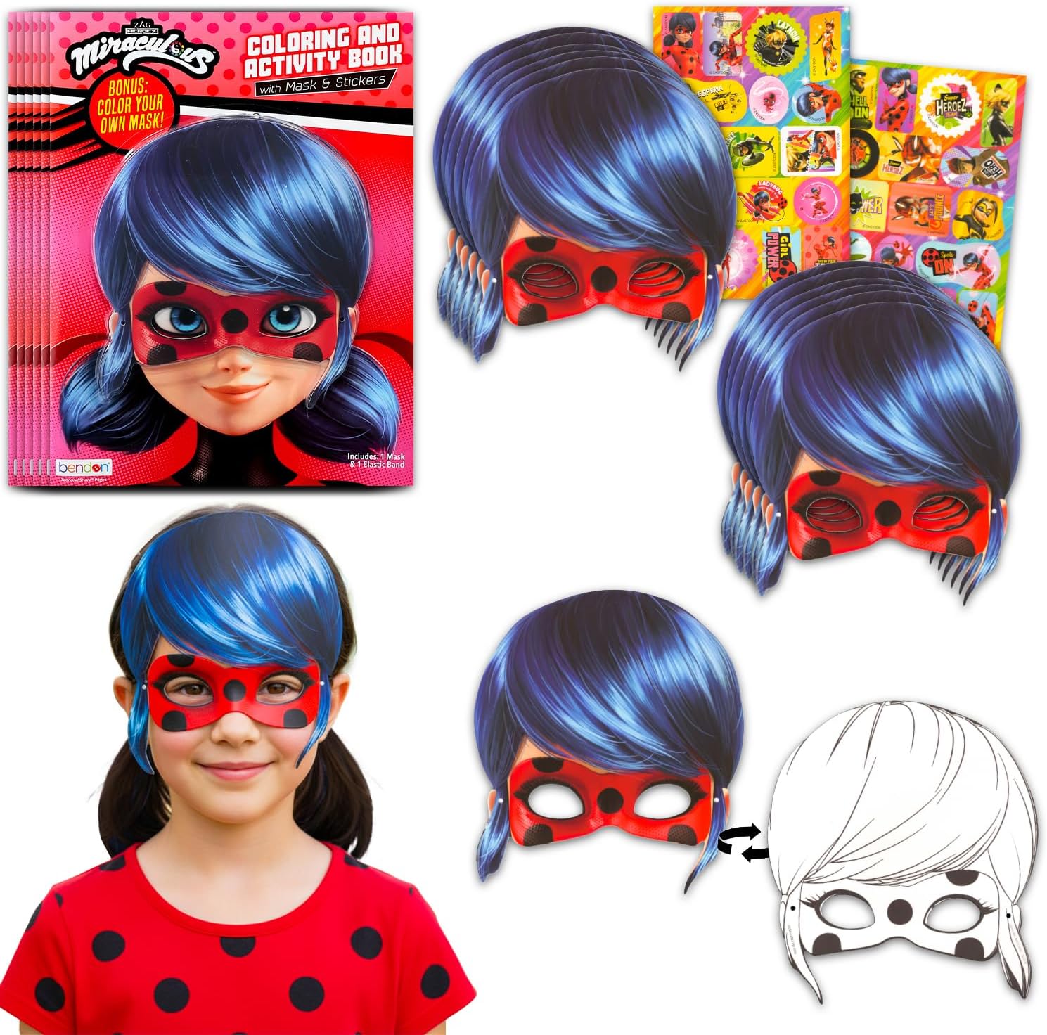 Miraculous Ladybug Mask Party Favor Pack Set - Bundle of 12 Ladybug Masks, Stickers, More Party Supplies for Boys, Girls