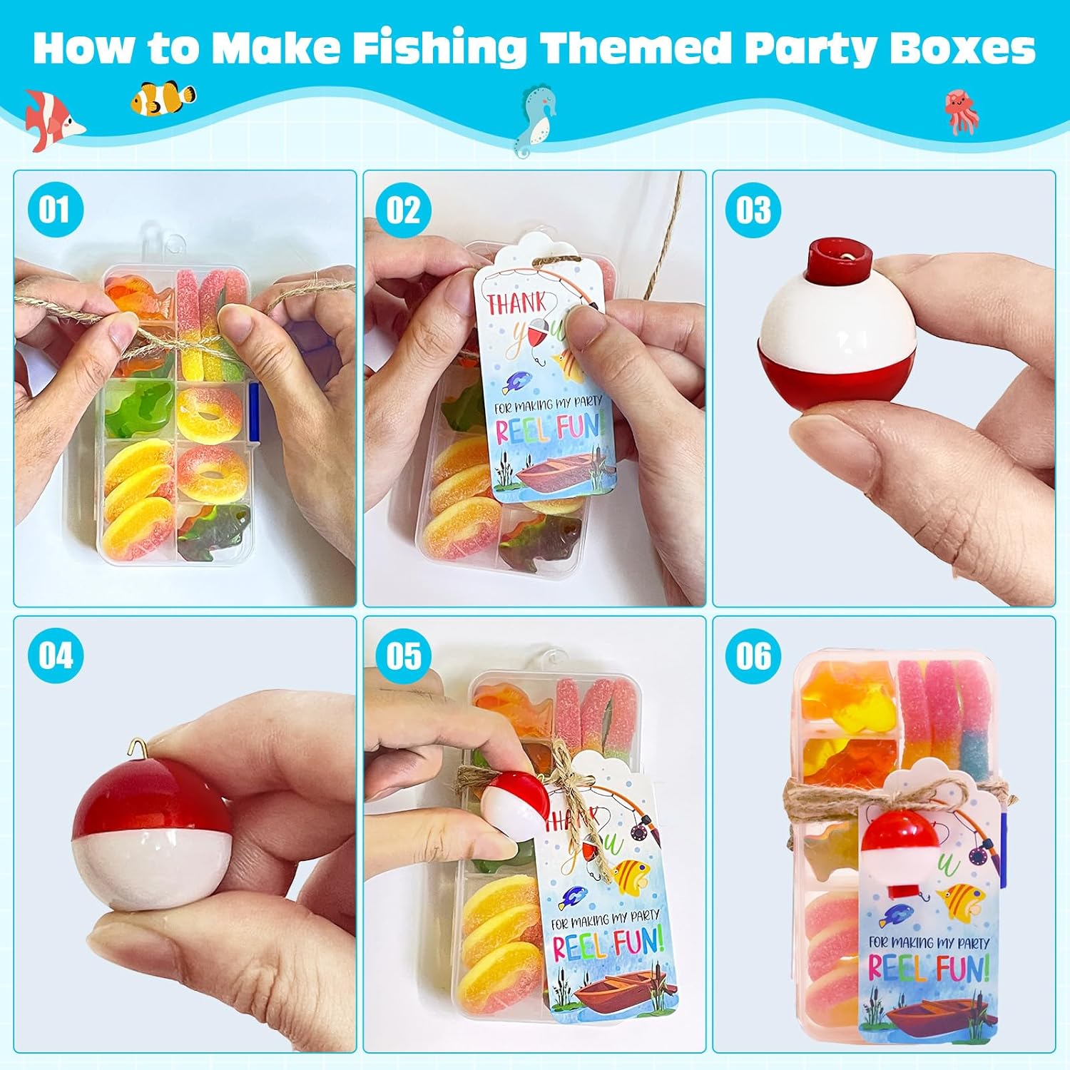 48 Set Fishing Candy Little Tackle Boxes for Birthday Party Favors with 48 Fishing Bobber 48 Thank You Cards for Making My Party Reel Fun Gone Fishing Theme Supplies Fishing Decorations (48)