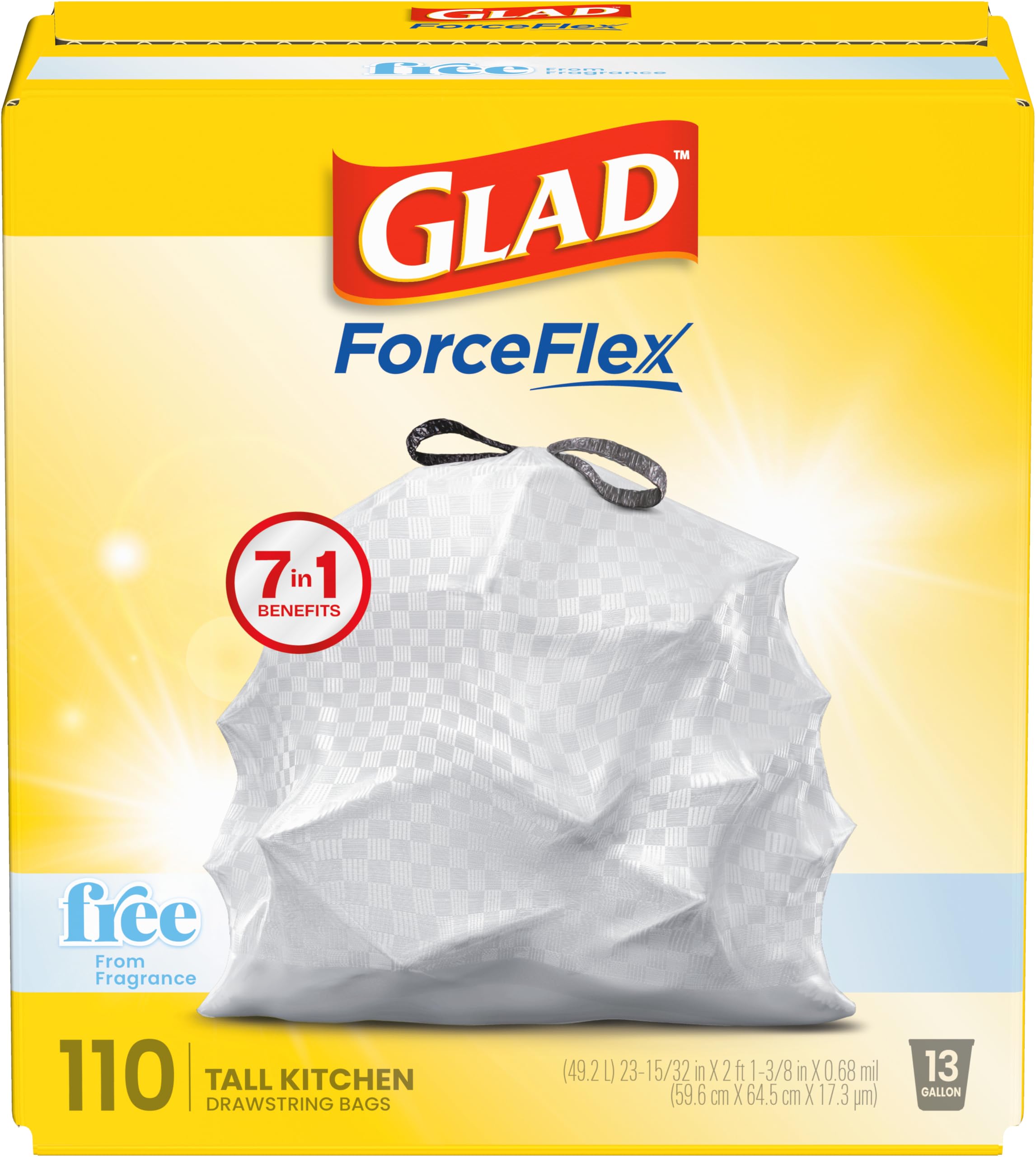 Glad ForceFlex Drawstring Trash Bags, 13 Gal, Fragrance Free, 110