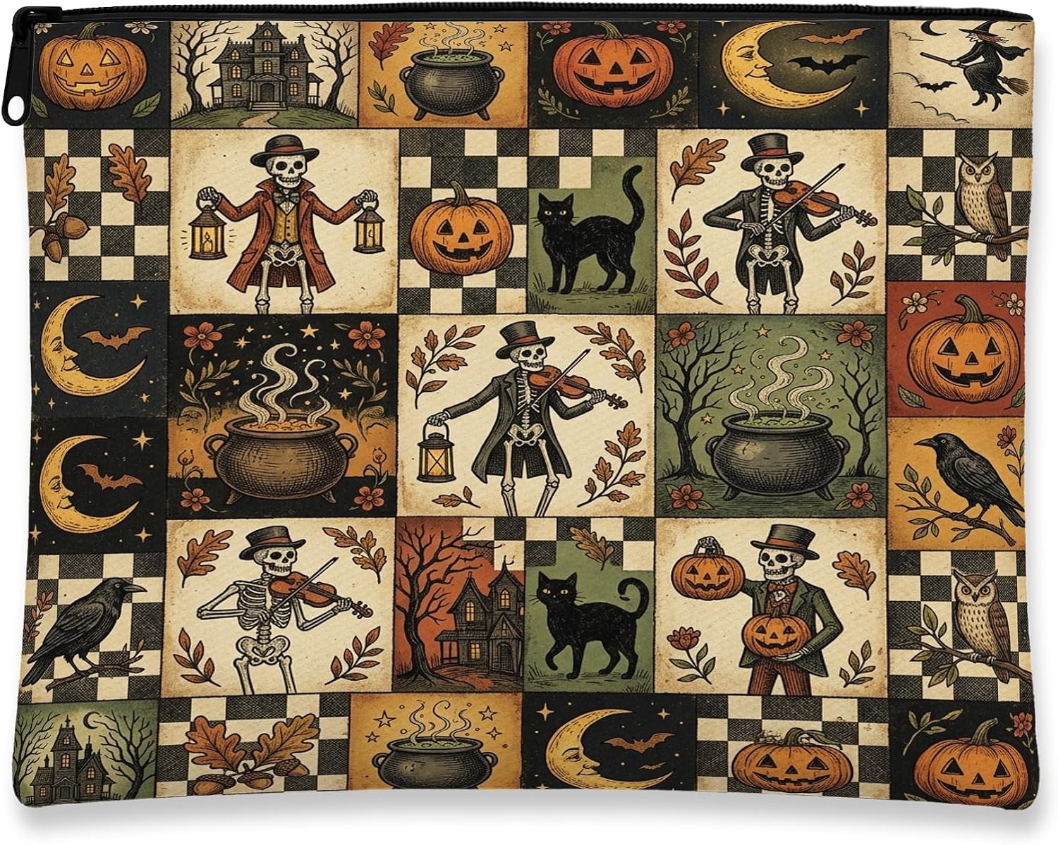 Pumpkins Canvas with Zipper, Fanciful Vintage Skeleton Cat Halloween Orange Canvas with Zipper Small Toiletry Bag for Travel, Bathroom, Vanity Organizer and Purse Storage 7x9 Inch