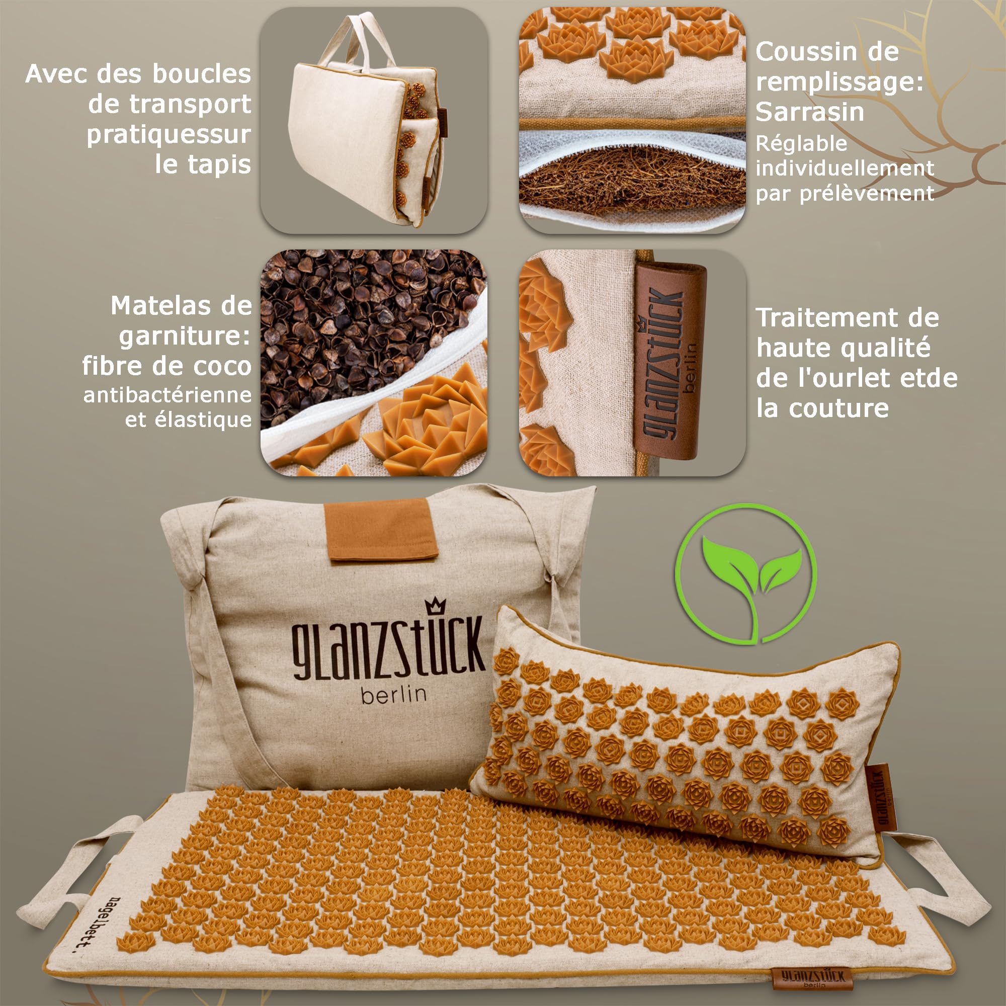 Glanzstück Berlin® Health Collection : tapis d'acupression XL original en lin, aide à soulager les tensions, les maux de dos, tapis de massage avec coussin (fonction chauffante) et sac, durable