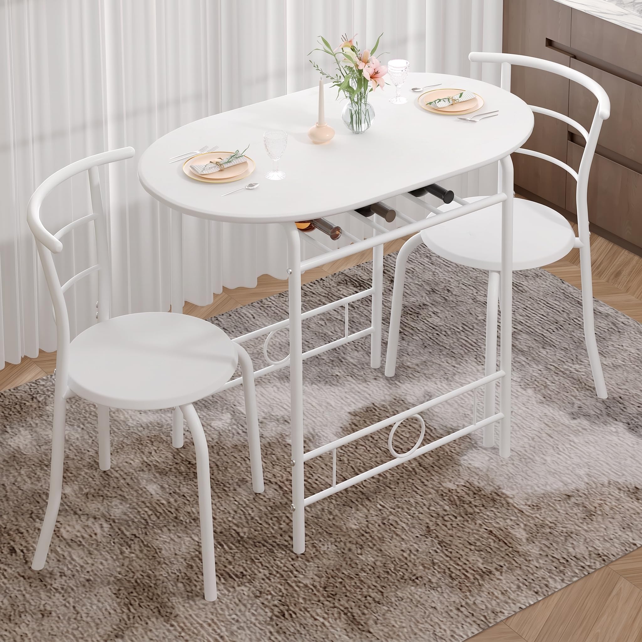 VECELO 3-Piece Dining Table Set for Kitchen Breakfast Nook, Wood Grain Oval Tabletop and Metal Frame with Built-in Wine Rack, for Small Spaces, Pure White