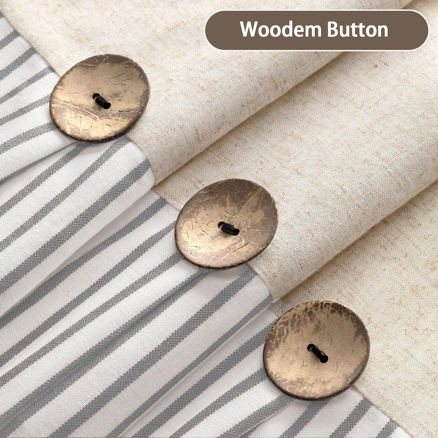 Farmhouse Shower Curtain Linen Button Woven Fabric Country Rustic Western, Pleated Grey Stripe 72" W x 72" L