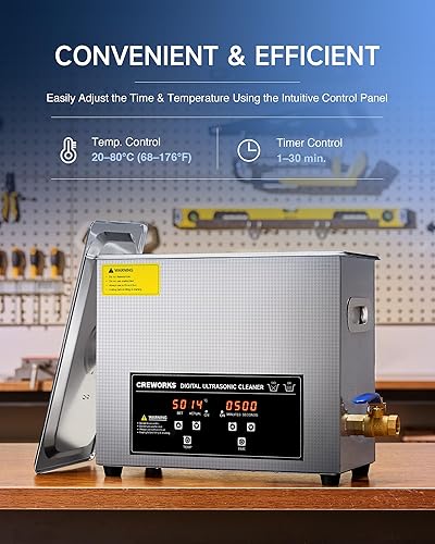 Miniatura 6 de CREWORKS Limpiador de ultrasonido con calentador y temporizador, máquina de limpieza digital sónico de 1.6 galones, limpiador de joyas de acero