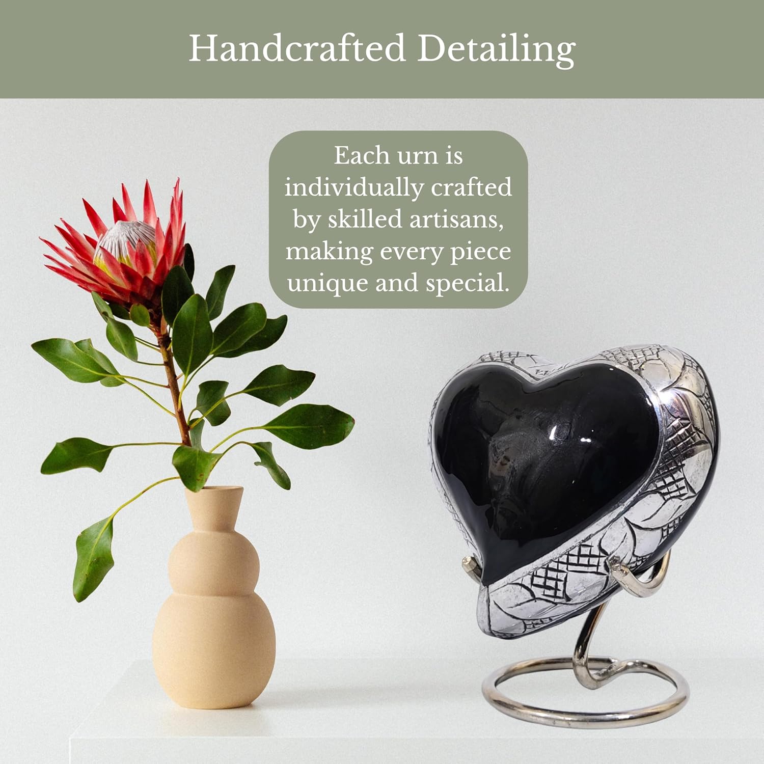 NORSE'S TRADECRAFT Heart Mini Urn for Ashes Adult Male & Female | Memorial Gifts with Velvet Box & Stand l Cremation Urns for Human Ashes and Pet | Black Heart with Engraved Silver Design - 3 cu in - Image 6