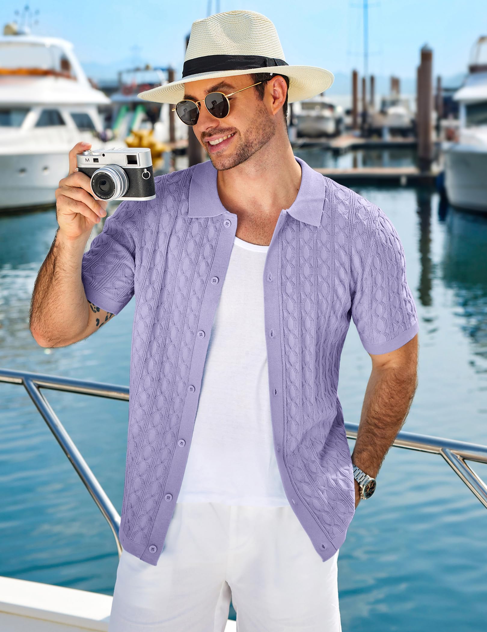 COOFANDY Chemise en tricot à manches courtes boutonnée vintage pour homme, polo décontracté pour la plage, les vacances