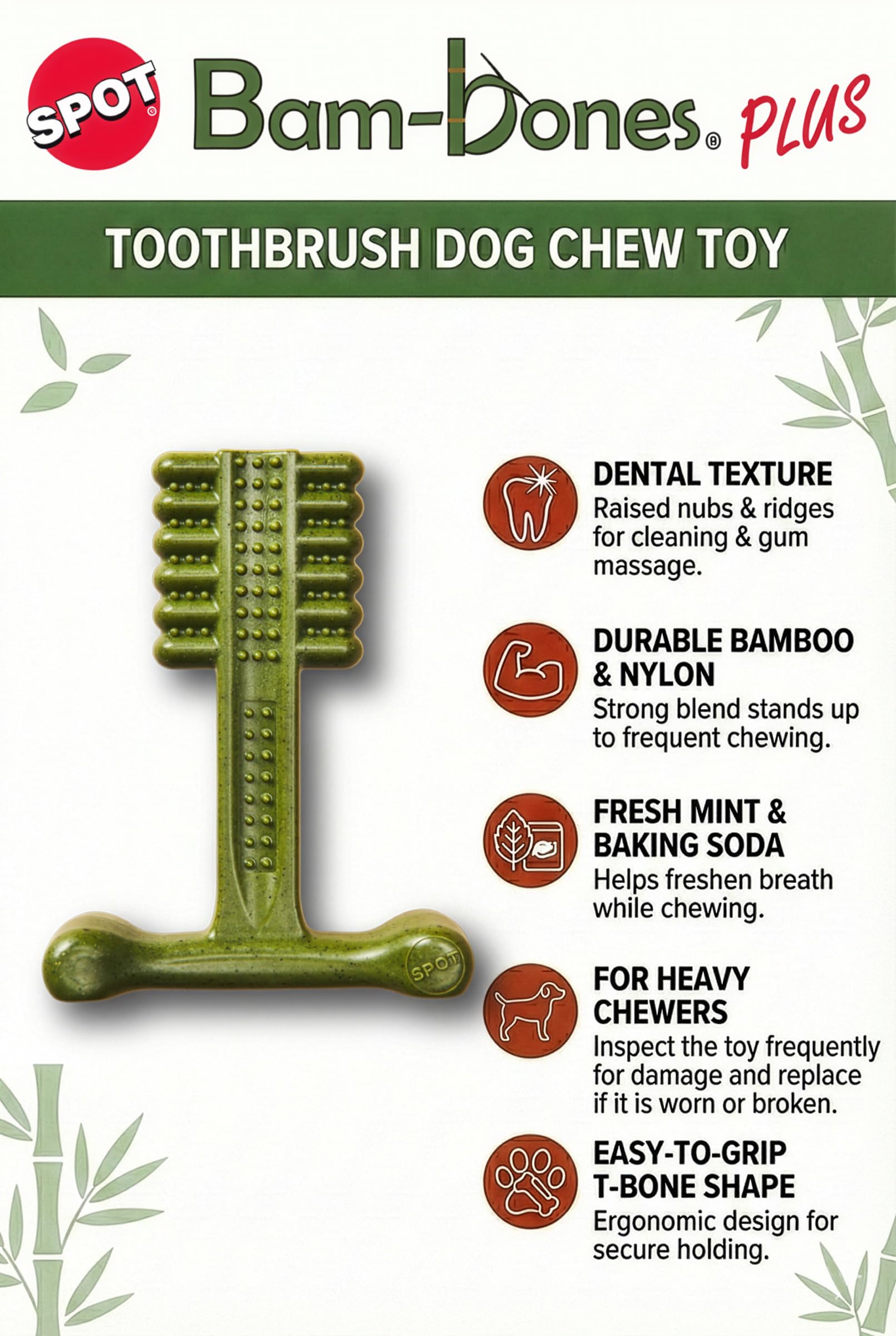 SPOT Bam-Bones Plus - Cepillo de dientes para perros, masticable dental de fibra de bambú duradera y nailon, menta fresca y bicarbonato de sodio para el cuidado dental, forma de hueso en T fácil de