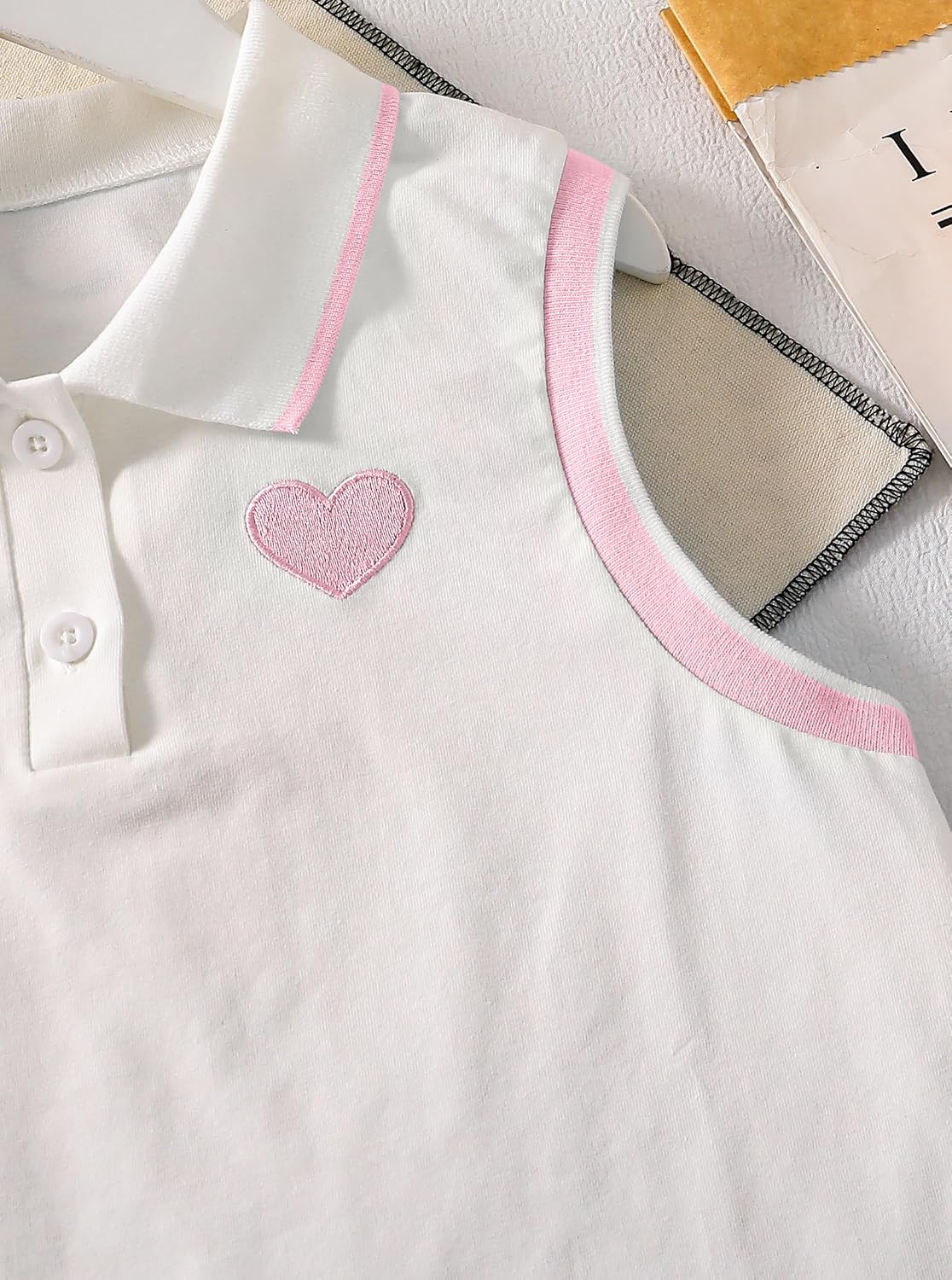 Girls 2 Piece Outfits Preppy Heart Graphic Polo Shirt Sleeveless Collar Crop Tops and Pleated Skirt Set