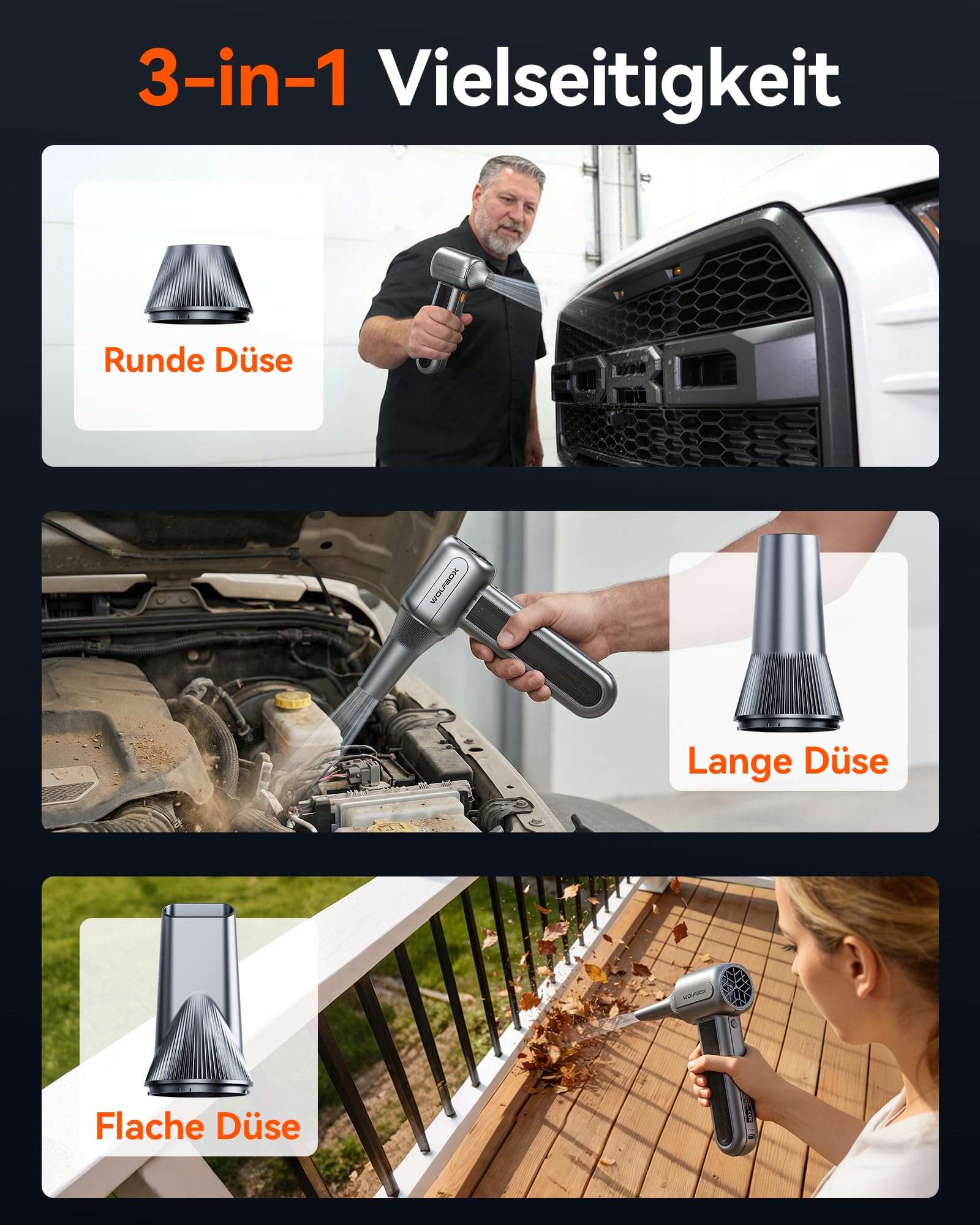 WOLFBOX MF400 Akku-Laubbläser Kabellos, 453W Bürstenloser Motor, 72 m/s Luftstrom, 3 Reinigungsmodi, Leichtes Akku-Gebläse für Garten Auto Werkstatt