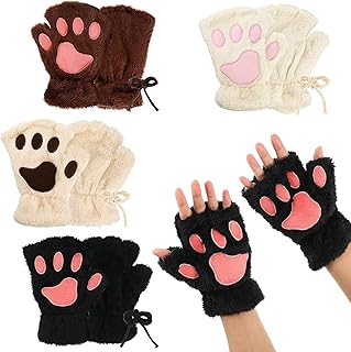 4 Pairs Cat Mittens Gloves Fingerless Paw Mittens Faux Fur Kitten Paws Gloves Fluffy Cat Claws Fingerless Mittens for Women Cosplay