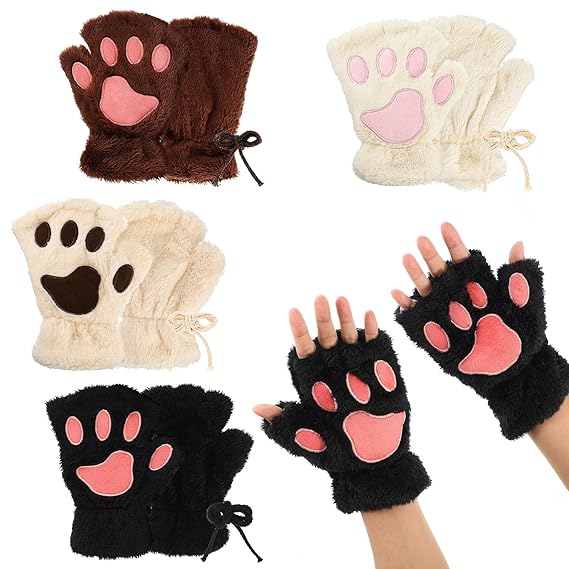 4 Pairs Cat Mittens Gloves Fingerless Cat Paw Mittens Faux Fur Cosplay Bear Kitten Paws Gloves Fluffy Cat Claws Fingerless Mittens for Women