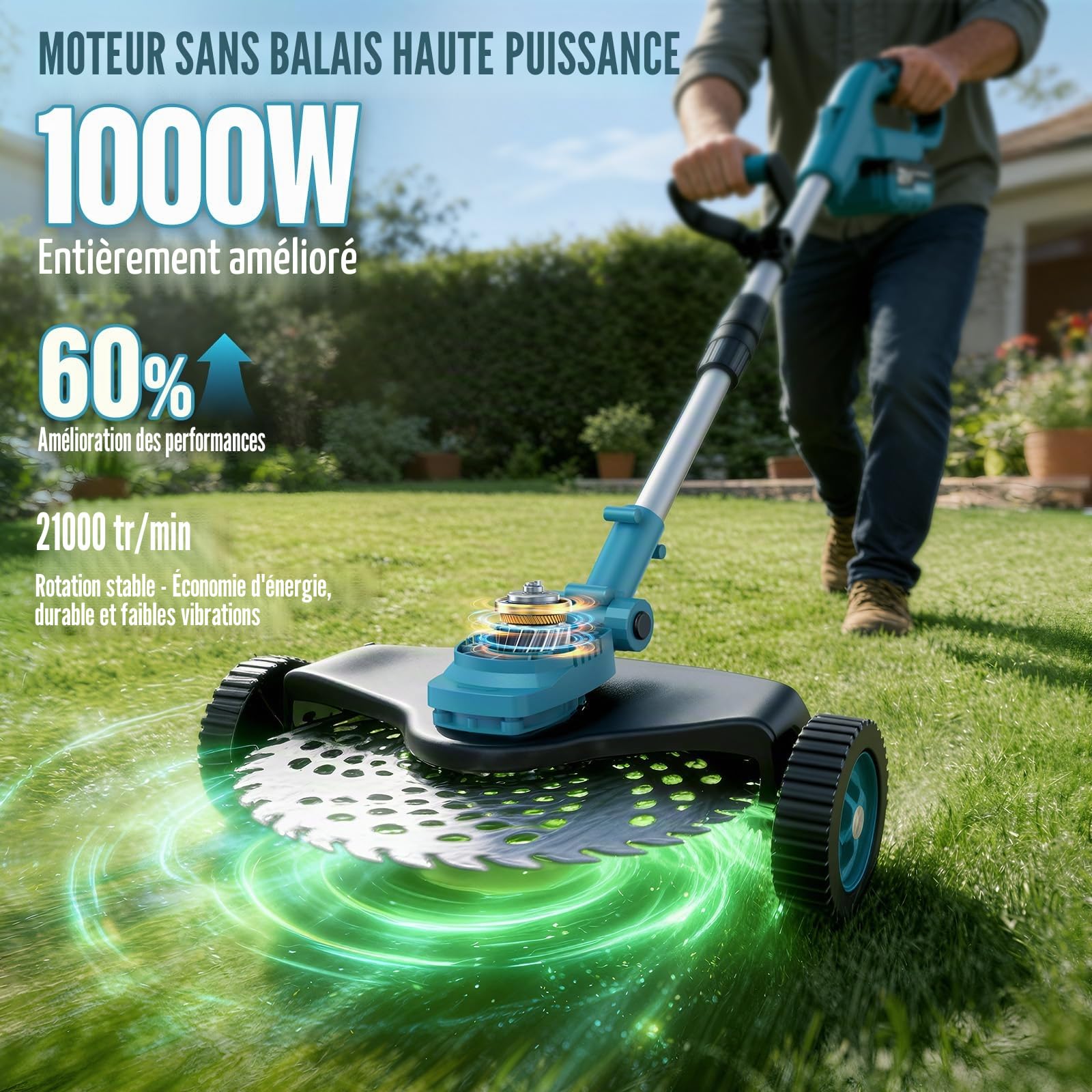 Débroussailleuse Électrique sans Fil 4-en-1 avec 2 Batteries 4,0 Ah, Moteur sans Balais, Coupe Bordure sans Fil avec 4 Types Lames Efficace, Tête Pivotante 90° pour Tondre Le Gazon