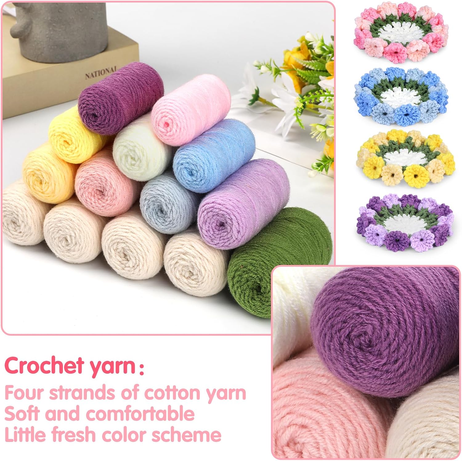 Iuuidu Crochet Kit for Beginners-4PCS Coaster Pot Crochet Kits Coaster Crochet Flower Kit with Crochet Yarns, Hooks, Easy Videos Tutorials to Crochet for Office, Coffee Table, Home Decor