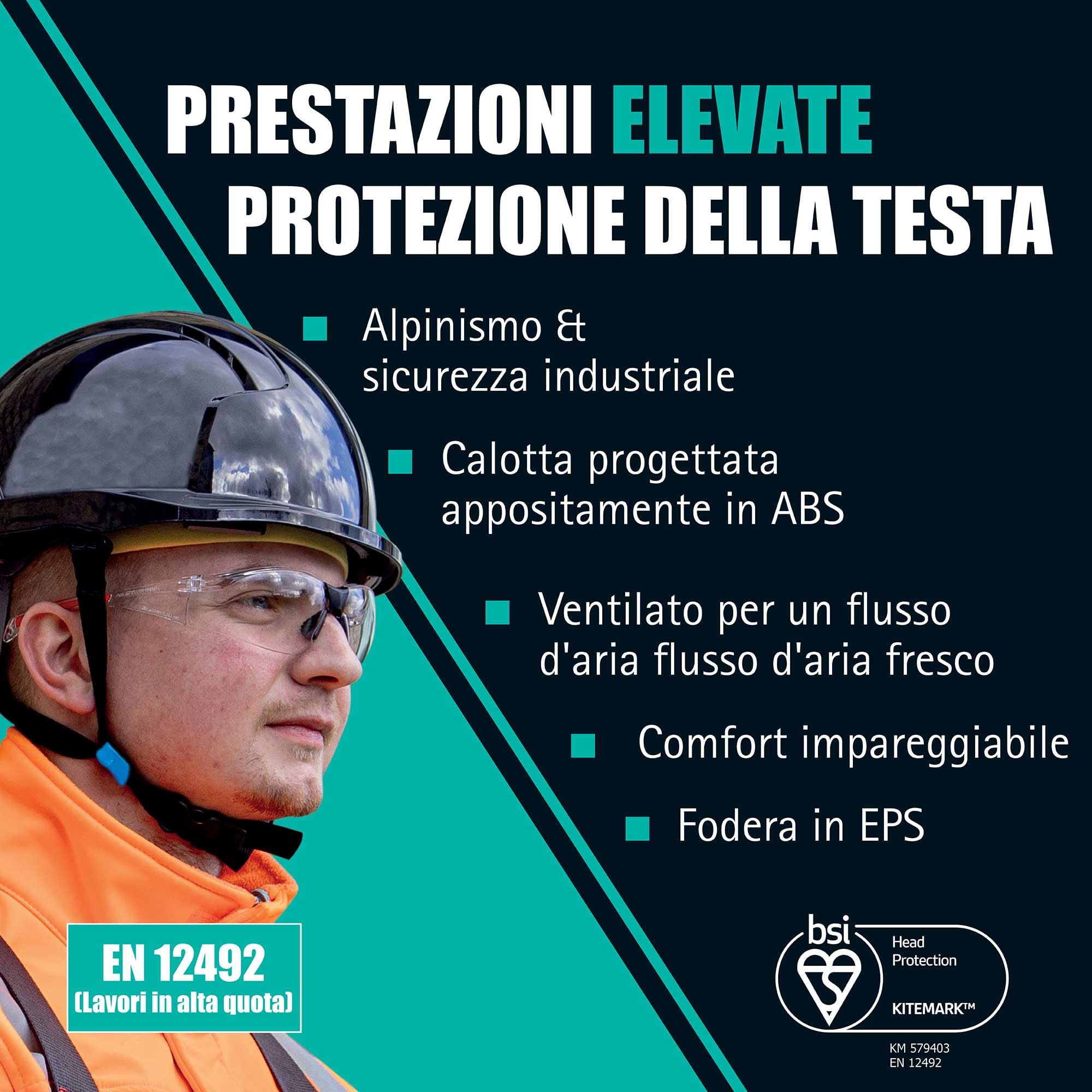 JSP EVOlite Skyworker Elmetto Cantiere e Alpinismo, Ultraleggero, Nero | L'elmetto più leggero di JSP per lavori in quota. Sottogola 4 punti e rotella. EN 397 & EN 12492.