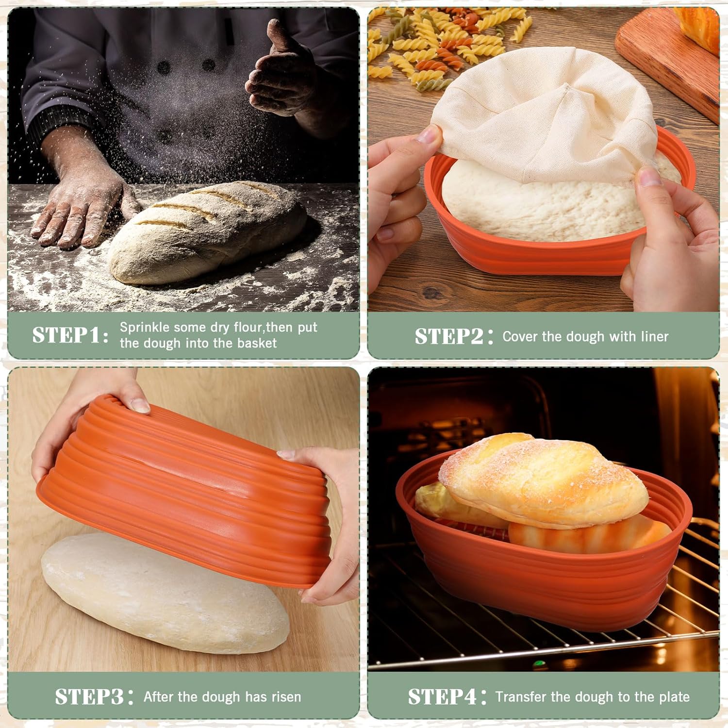 Nuogo 楕円形バネトン ブレッドプルーフバスケット 3個 10.24 x 6.54 x 3.62インチ 厚みのあるシリコンバネト