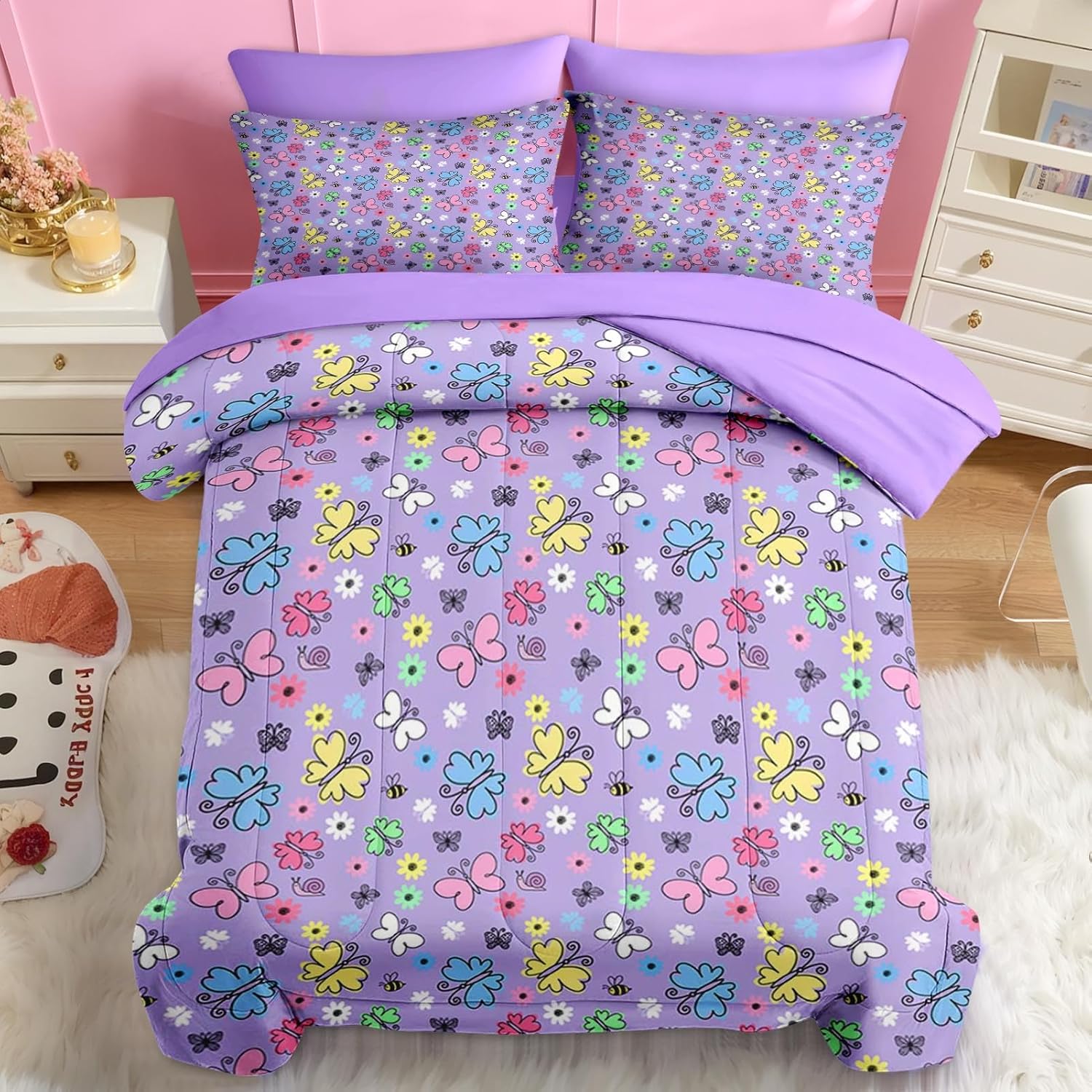 Nesker 5 Pcs Comforter Set Twin Size, Colorful Butterfly Bedding for Kids Teen, Cute Cartoon Flowers Bed Sheet with Pillowcase & Sham - Image 3