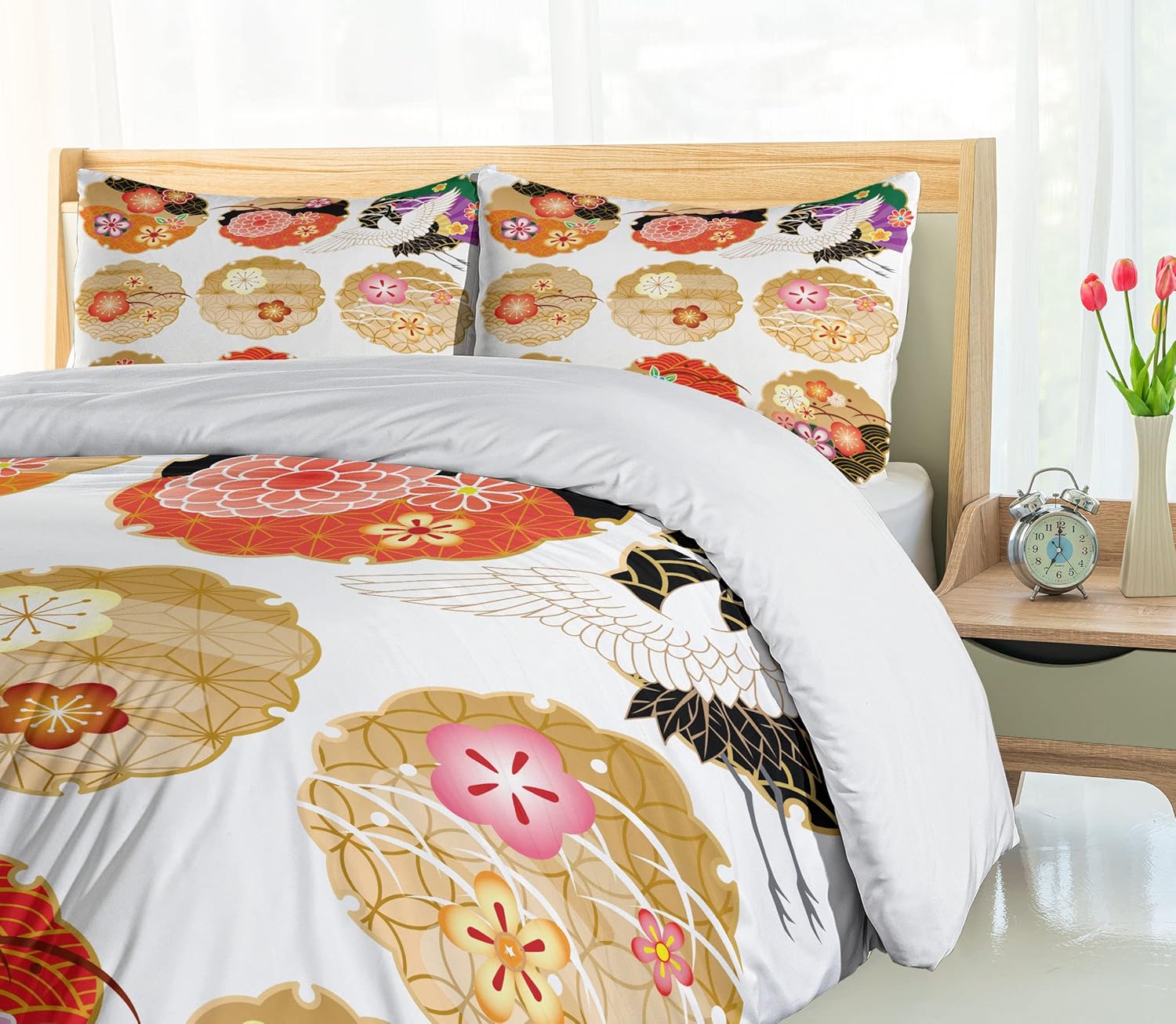 Ambesonne Japanese Duvet Cover Set, Floral Round Patterns Antique Nature Style Theme Art Oriental Print Contemporary, Decorative 3 Piece Bedding Set with 2 Pillow Shams, King Size, Multicolor