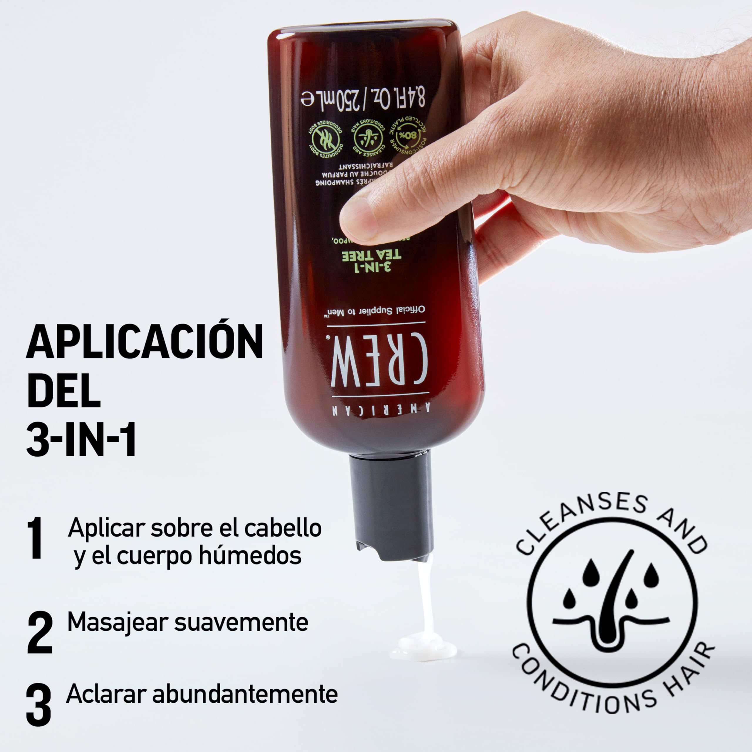 American Crew 3 en 1 Tea Tree, Champú Acondicionador y Gel de Ducha, Limpia y Elimina el Sebo del Cuero Cabelludo, Desodoriza el Cuerpo, Cabello Acondicionado y Brillante, Fragancia Árbol de Té