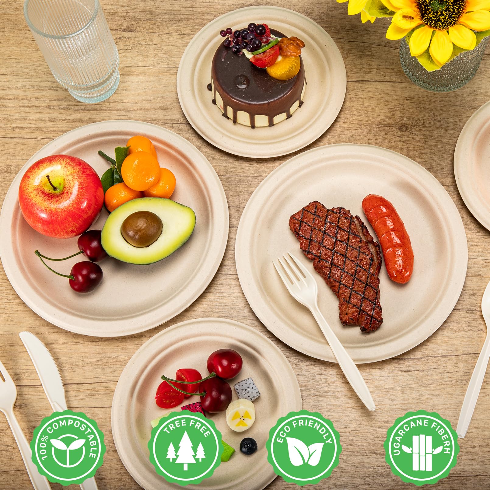 Juego de 250 platos de papel compostables, platos compostables, utensilios de caña de azúcar, juego de vajilla desechable, incluye platos biodegradables, platos ecológicos, tenedores