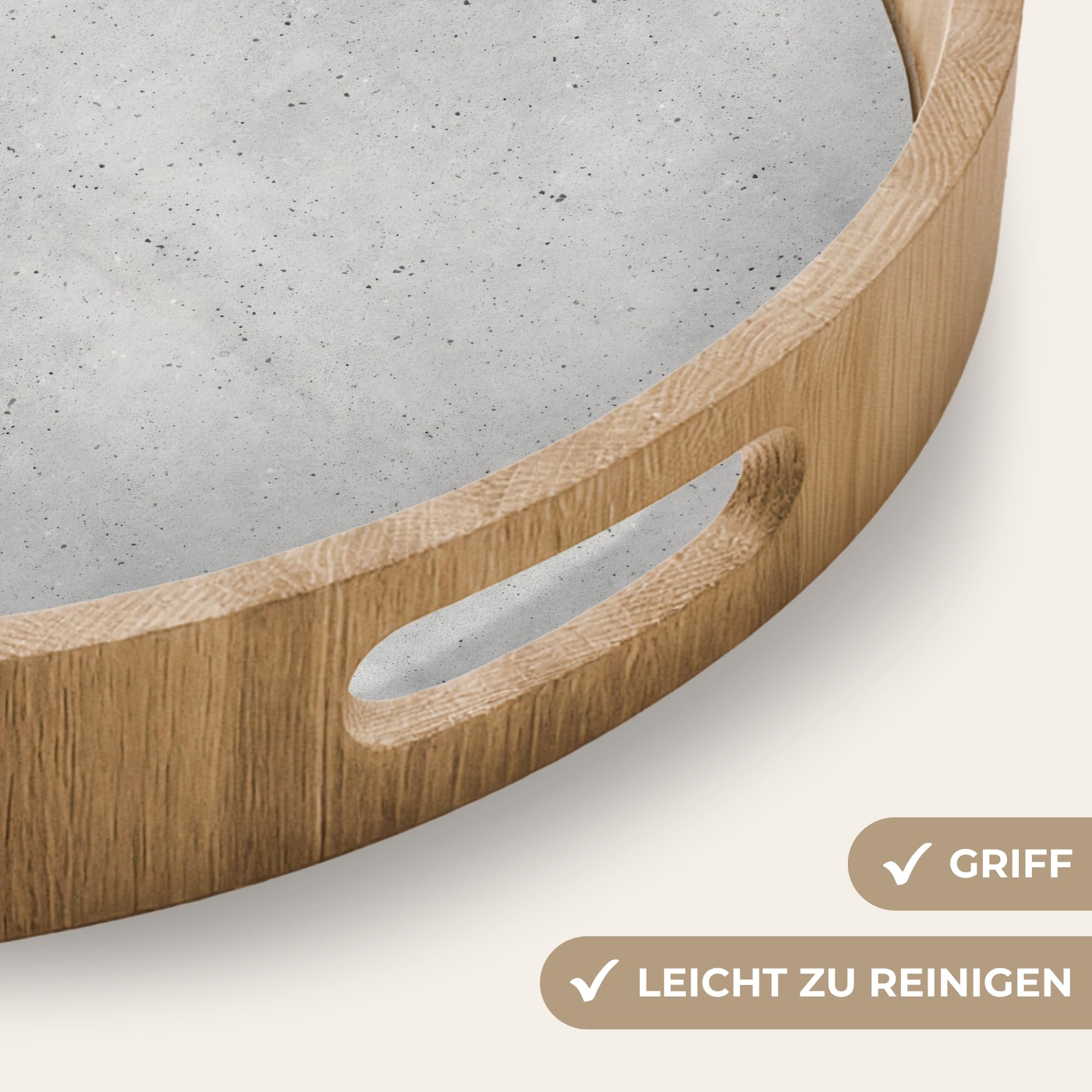 Tablett Rund 40x40 cm Serviertablett rutschfest Griff Küchentablett Servierplatte Eiche Holztablett Hitzebeständig Kaffeetablett Grau - Konkret - Neutral