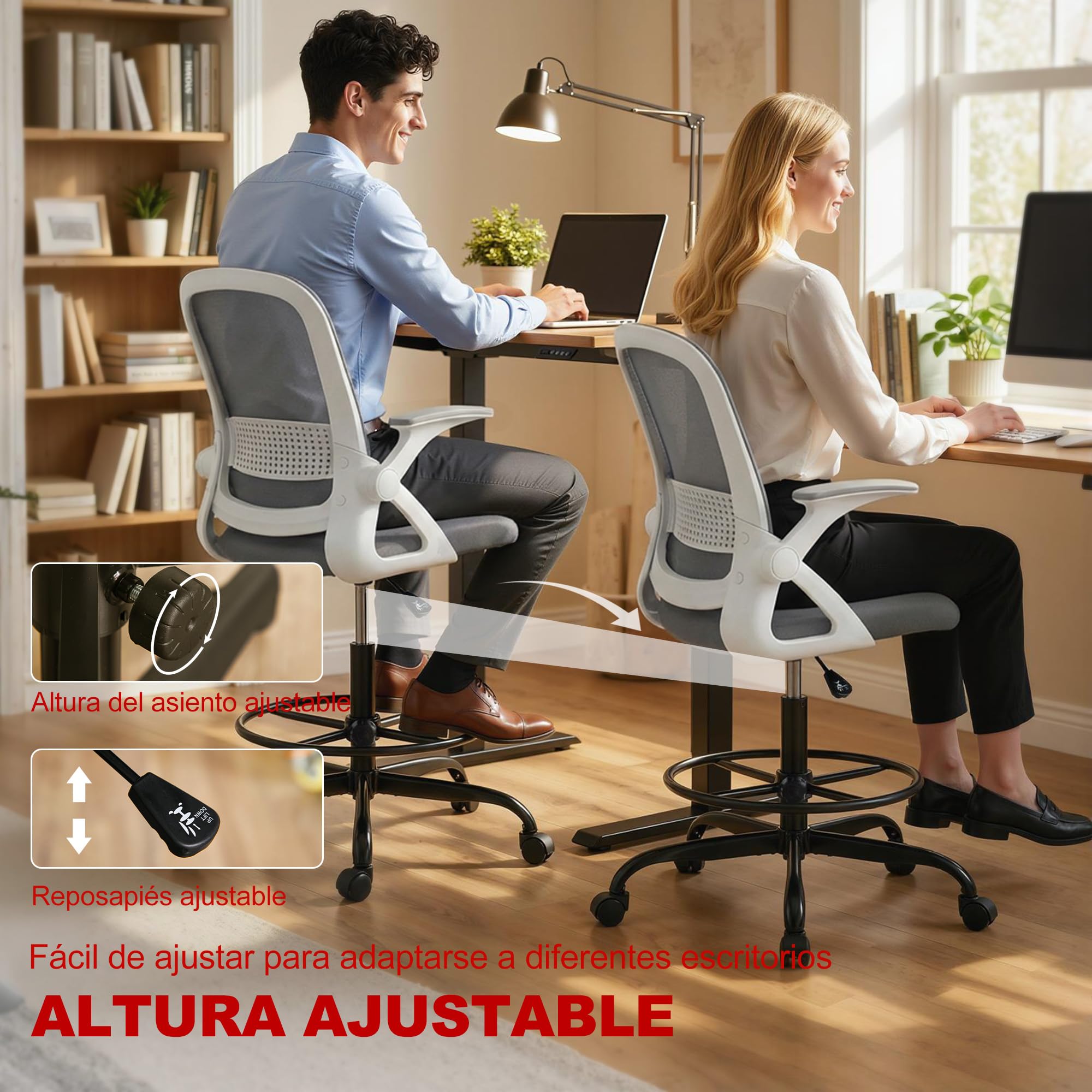 HOMCOM Silla de Escritorio de Malla, Silla de Dibujo con Reposabrazos Abatibles, Altura Ajustable, Soporte Lumbar, Reposapiés, Ruedas Giratorias para Oficina, Estudio, Gris