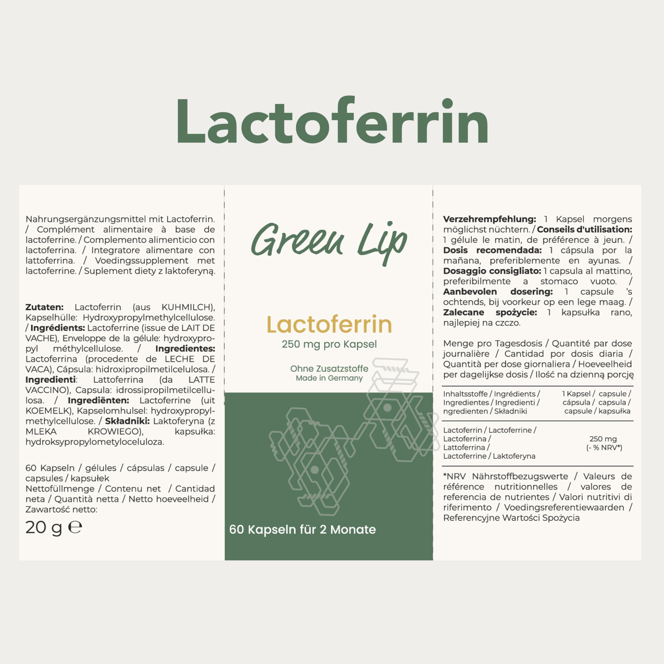 Lactoferrin 250 mg – Hochwertiges eisenbindendes Protein aus Milch | hochdosiert 60 Kapseln | Bekannt aus Kolostrum | Made in Germany, ohne Zusatzstoffe