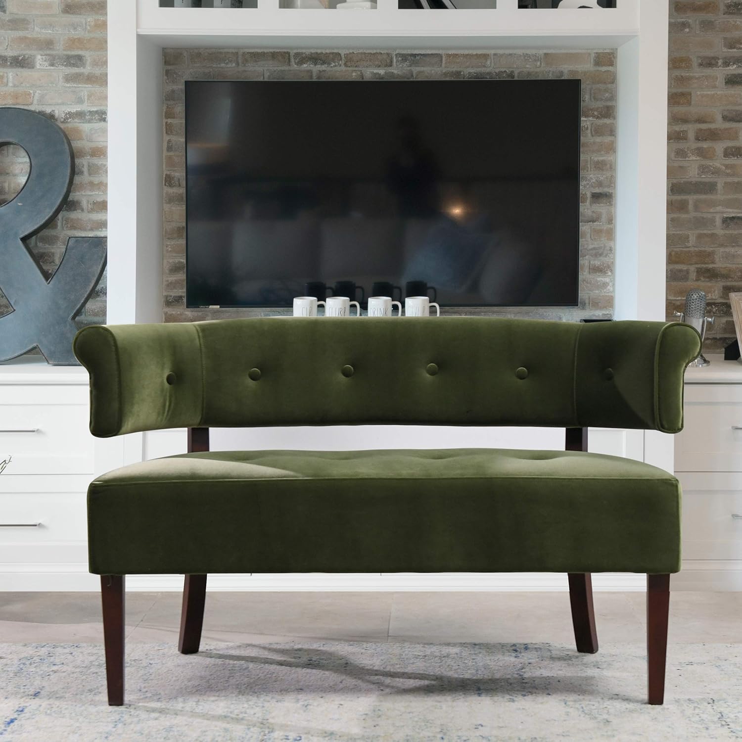Jennifer Taylor Home Celia Roll Arm Tufted Bench Settee, Olive Green Performance
