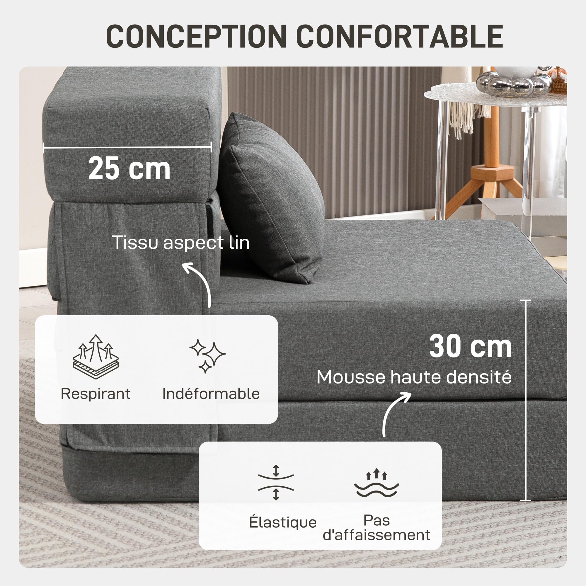 HOMCOM Fauteuil Convertible 1 Place 3 en 1, Fauteuil lit Pliant, chauffeuse 1 Place en Lin avec Large Assise, Coussin Inclus, Matelas Pliable 210 cm pour invités, Salon, Petit Espace, Gris
