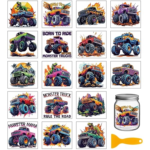 GLOBLELAND 18 Sheets Monster Truck Transfer Stickers 3.9x3.6inch Transportation Dinosaurs Colorful Transfer Decal Rub on Transfer for Cup Decal Vase Glass Art Crafts Decorations