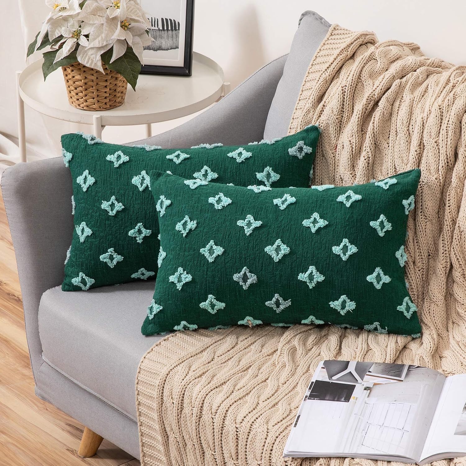 MIULEE Set of 2 Decorative Throw Pillow Covers Rhombic Jacquard Pillowcase Soft Rectangle Cushion Case for Summer Couch Sofa Bed Bedroom Living Room, 12x20 Inch, Army Green
