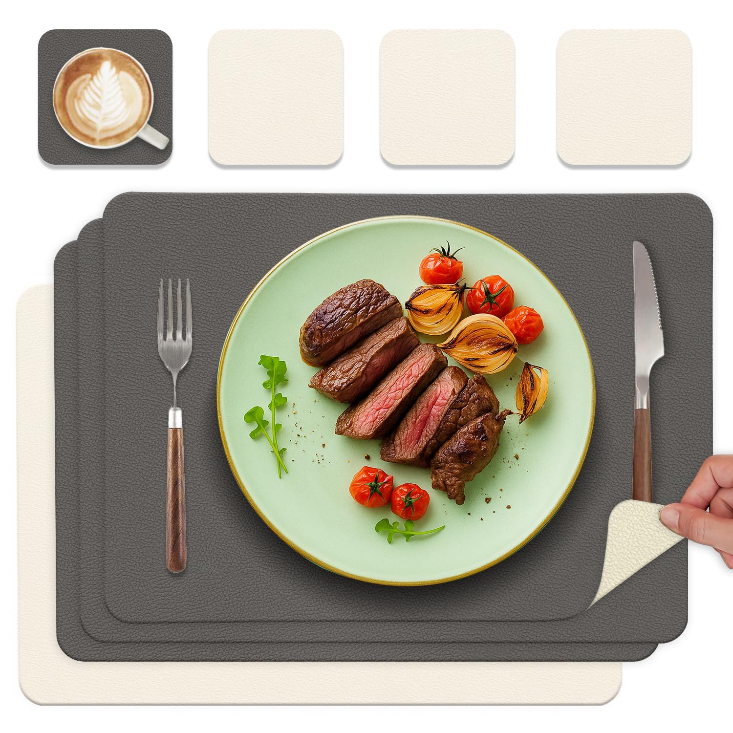 HELI MIAO Tischsets Abwaschbar 4er Set - Doppelseitige Platzsets & Untersetzer aus Lederoptik, rutschfeste & wasserdichte Tischunterlage für Esstisch und Familie - Rechteckig in Grau+Beige