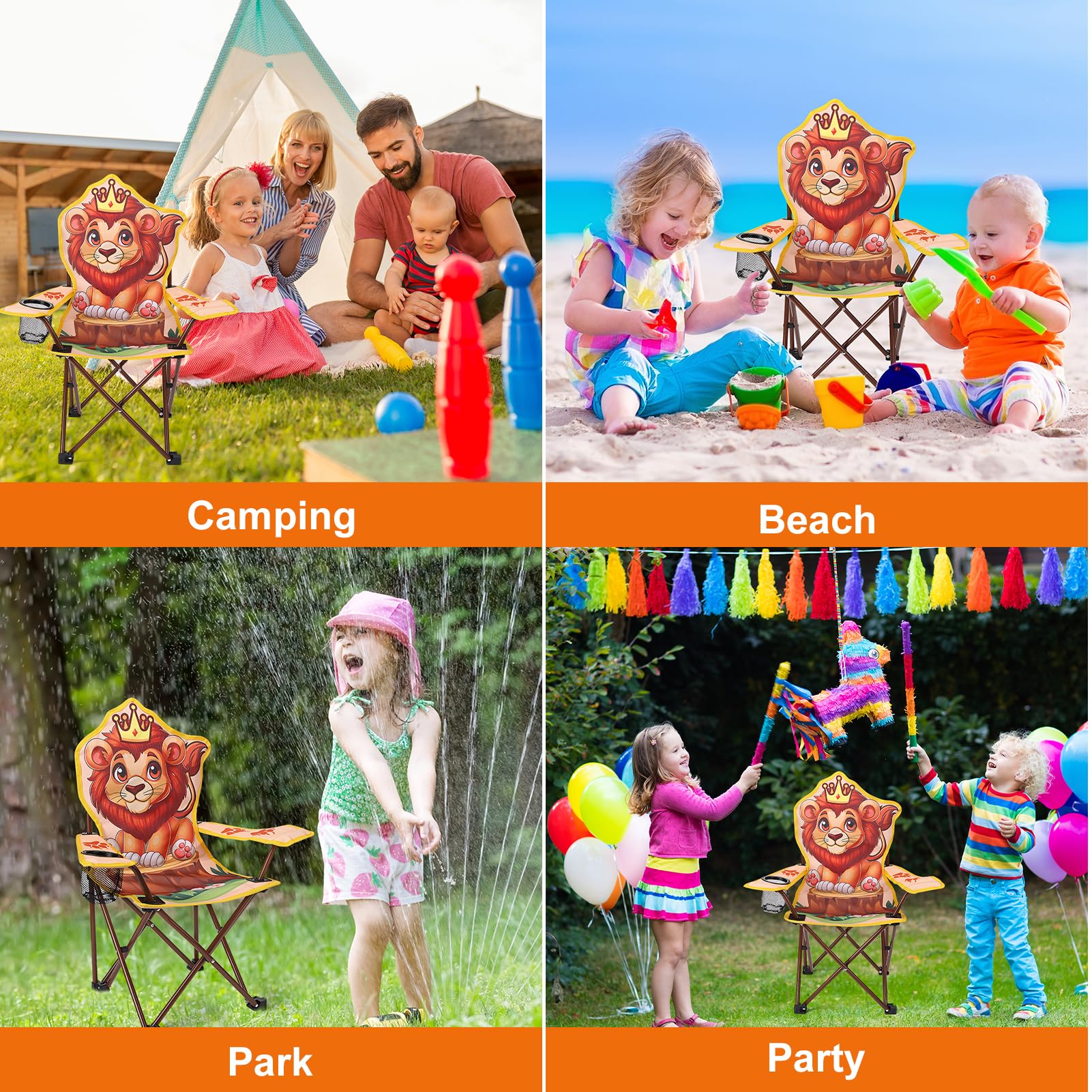 Chaise de camping pliable pour enfant avec porte-gobelet, chaise de jardin pliable avec motif lion, acier allié, chaise de pique-nique portable pour camping, pêche, extérieur